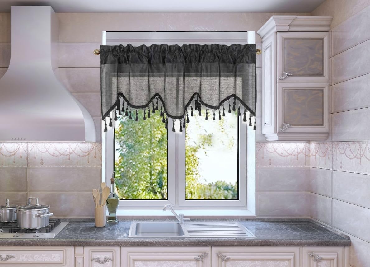 Solid Faux Silk Swag Waterfall Cascade Ascot Window Curtain Valance w/Tassels Trim 55  x18  Wave (1, Charcoal Grey)