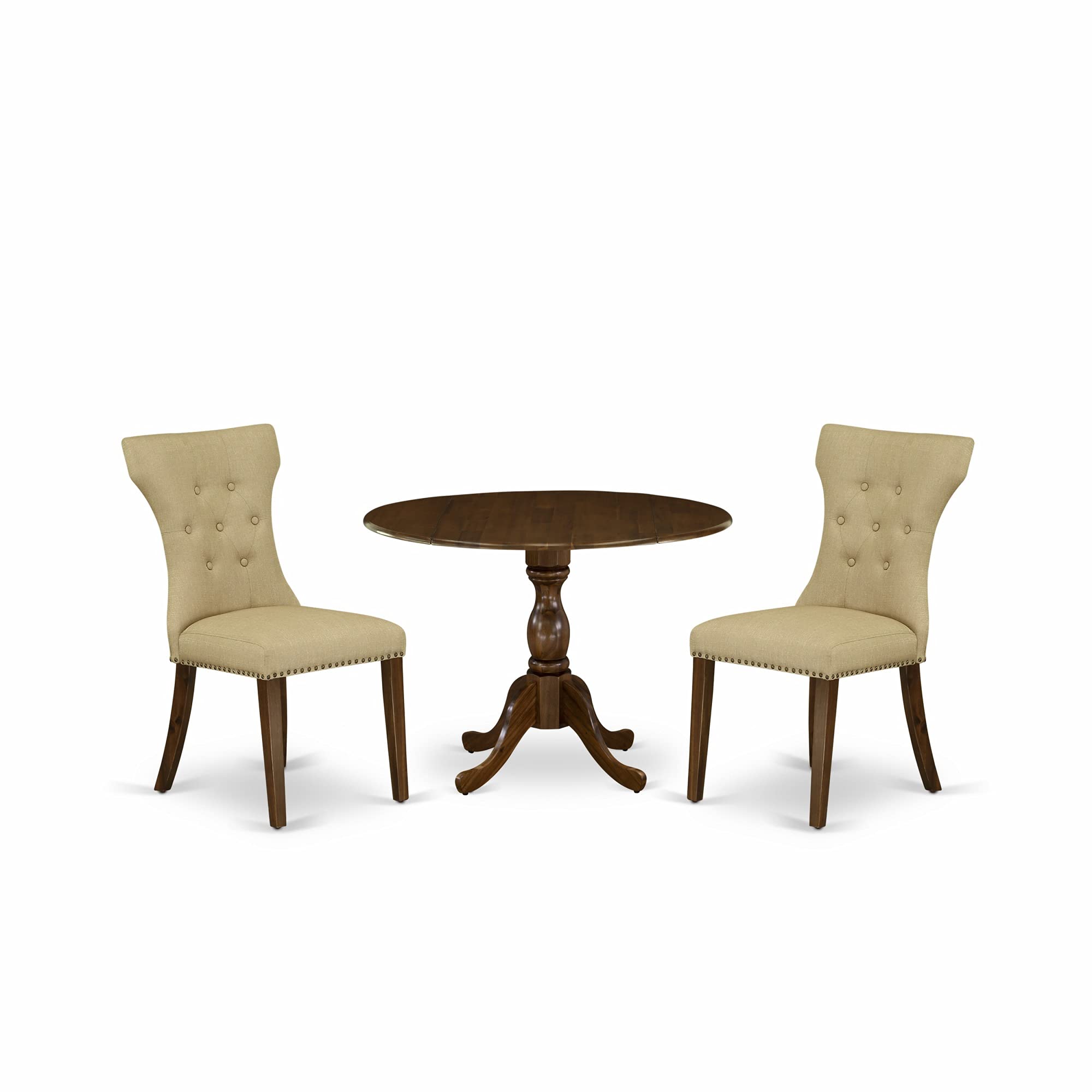 East West Furniture DMGA3-AWA-03 3 Piece Dinette Set for Small Spaces Contains a Round Dining Table with Dropleaf and 2 Brown Li