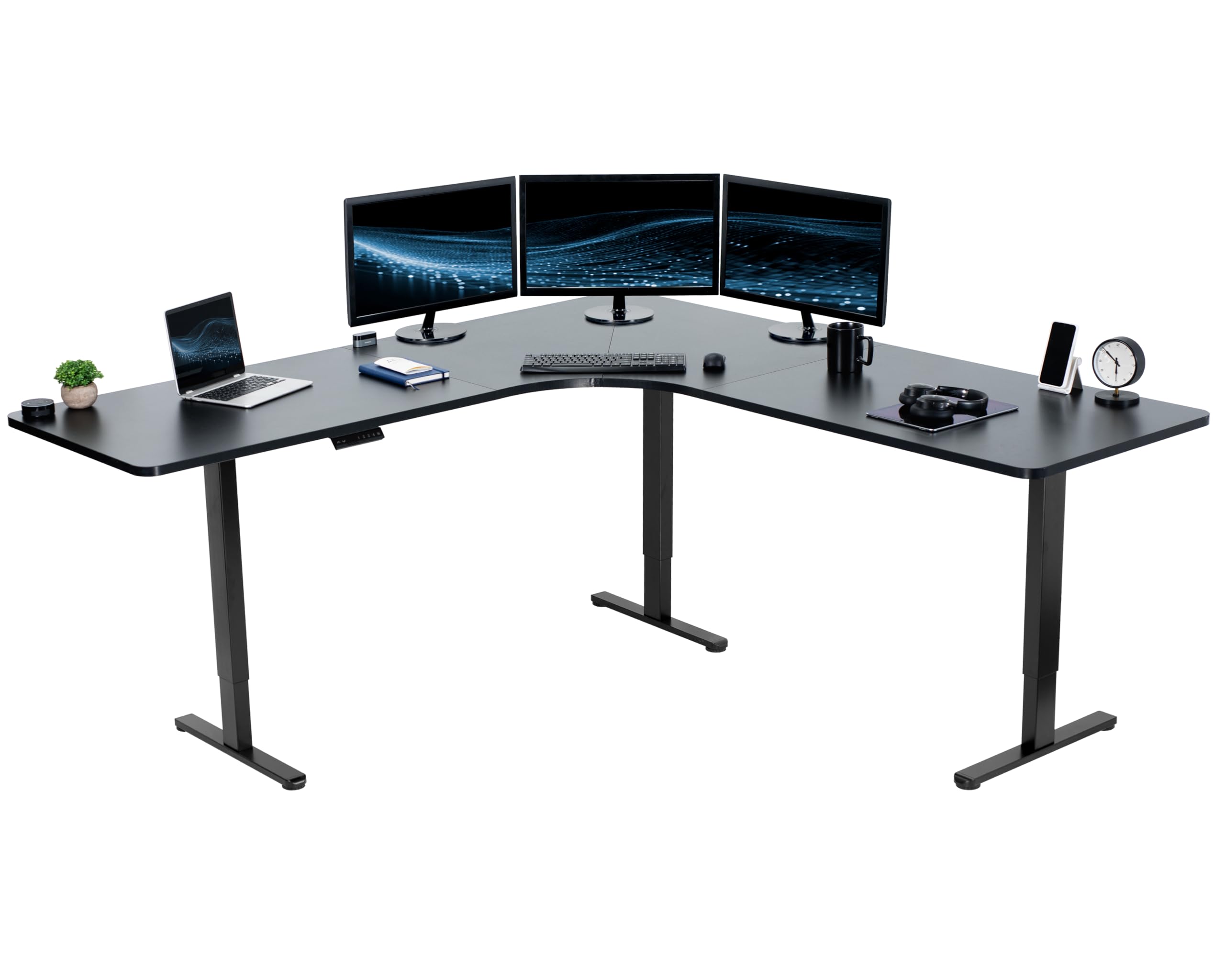 VIVO Electric Height Adjustable 83 x 83 inch Curved Corner Stand Up Desk, Black Table Top, Black Frame, Memory Controller, L-Sha