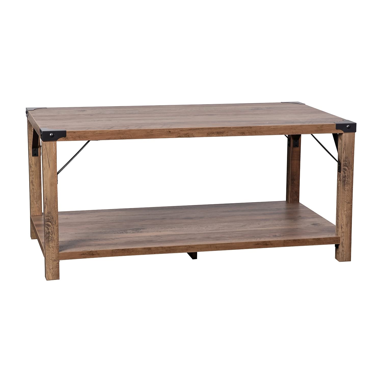 Flash Furniture Wyatt Modern Farmhouse 2 Tier Coffee Table - Rustic Oak Engineered Wood Frame - Black Metal Crisscross Side Brac