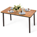 Tangkula Patio Acacia Dining Table, Outdoor Rectangle Dining Table with Acacia Wood Desktop, Steel Frame and Umbrella Hole, Perf