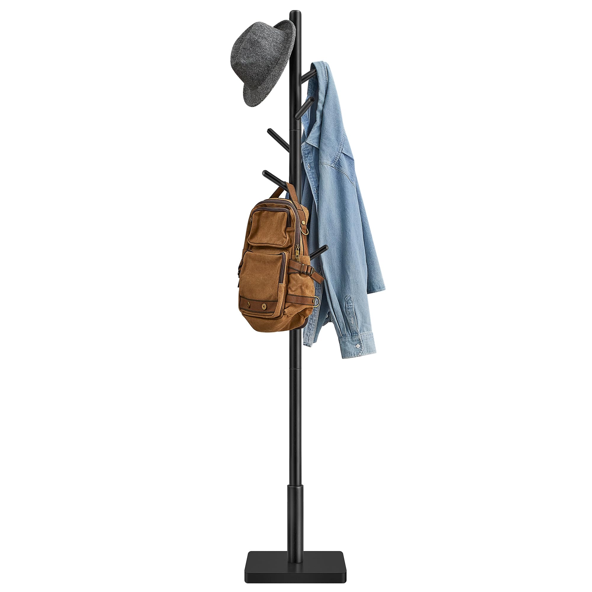 VASAGLE Coat Rack, Solid Wood Coat Stand, Freestanding Hall Tree, 8 Hooks, Ink Black URCR010B01