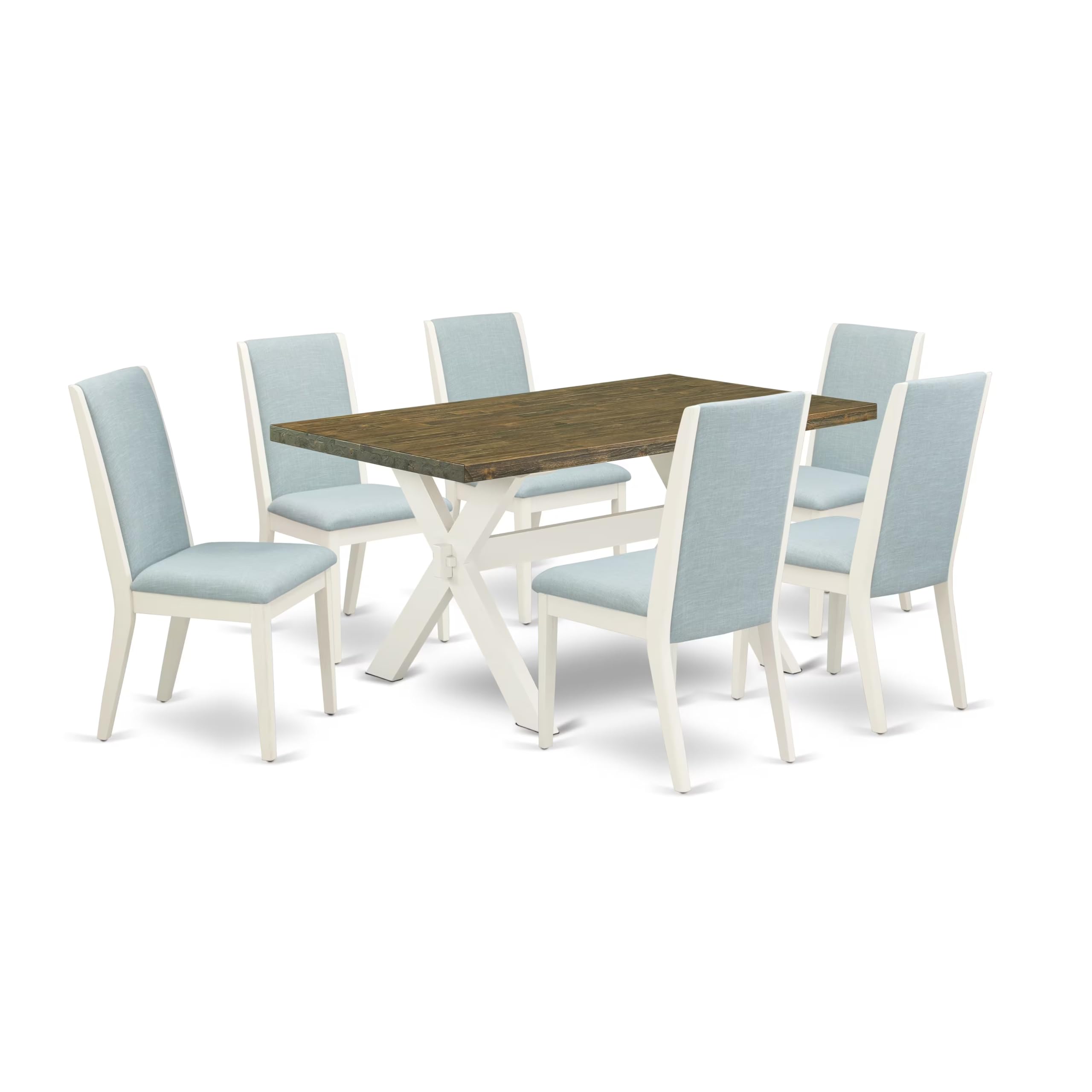 East West Furniture X076LA015-7 7 Piece Dining Table Set Consist of a Rectangle Dining Room Table with X-Legs and 6 Baby Blue Li