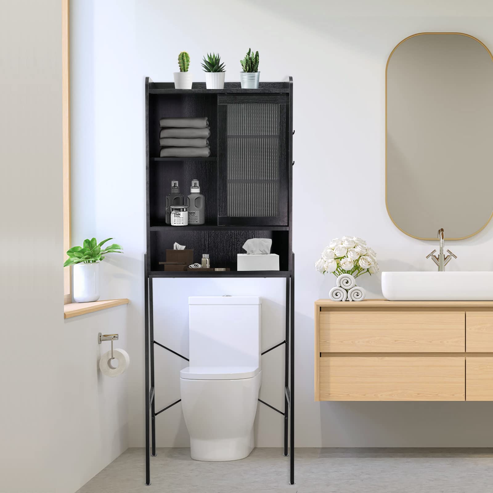 SUNTAGE Over Toilet Storage Cabinet for Bathroom, Over Toilet Shelf Organizer, Freestanding Space Saver with Adjustable Shelves,