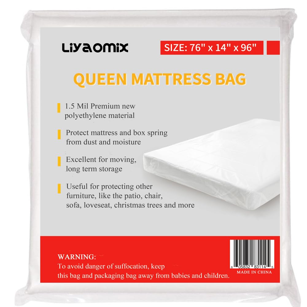Liyaomix Full XL/Queen Mattress Bag for Moving and Storage, 1.5 Mil 76 x 96 Clear Plastic Disposal Mattress Bag Cover