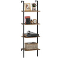 Wolawu Ladder Shelf 4 Tiers Metal Industrial Bookshelf,Brown Wood Tall Open Storage Rack and Display Shelves,Wall Mount Wide Boo
