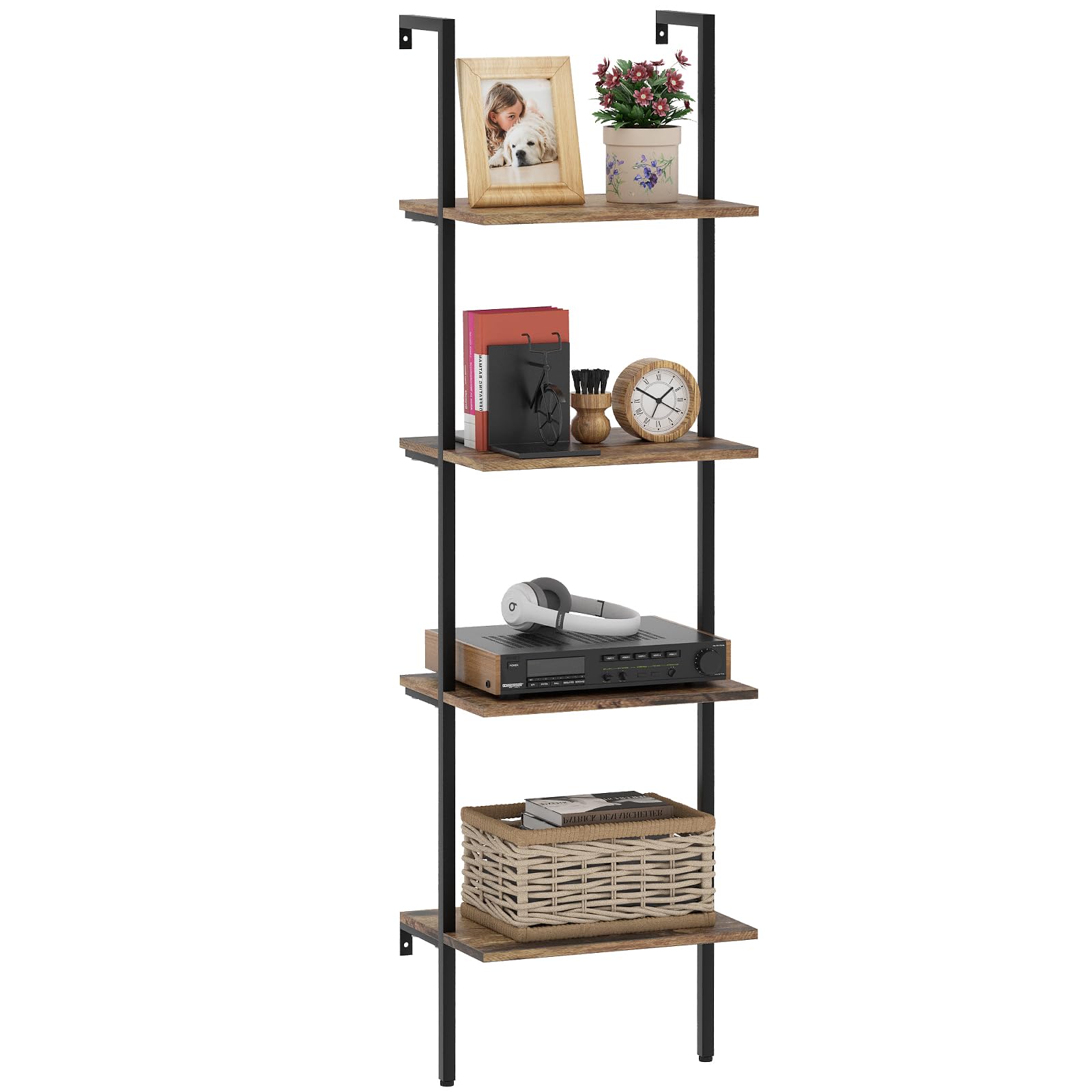 Wolawu Ladder Shelf 4 Tiers Metal Industrial Bookshelf,Brown Wood Tall Open Storage Rack and Display Shelves,Wall Mount Wide Boo