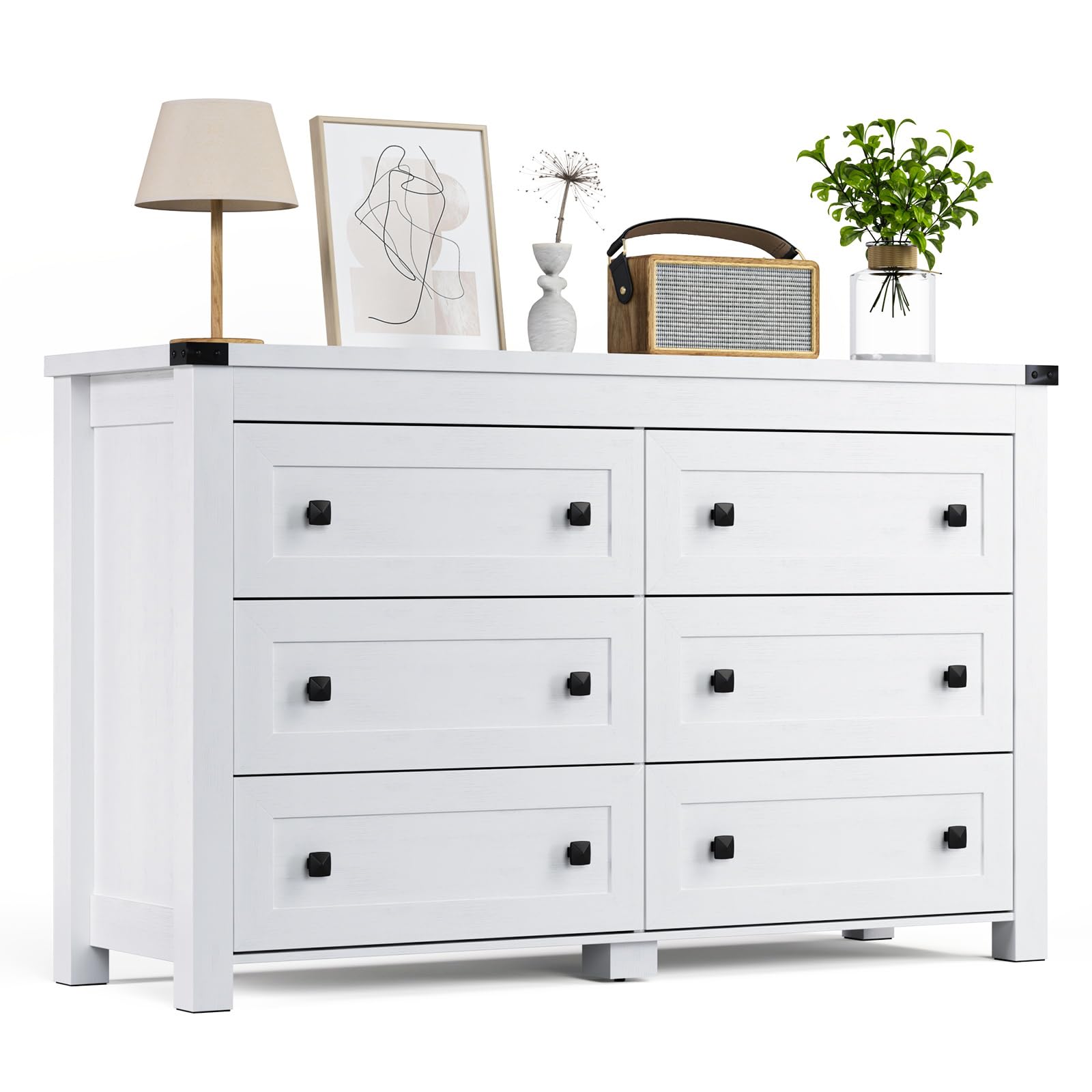 HUANLEGO White Dresser for Bedroom with 6 Drawers, Modern Chest of Drawers, Wood Rustic Wide Storage Drawers Dressers Organizer 