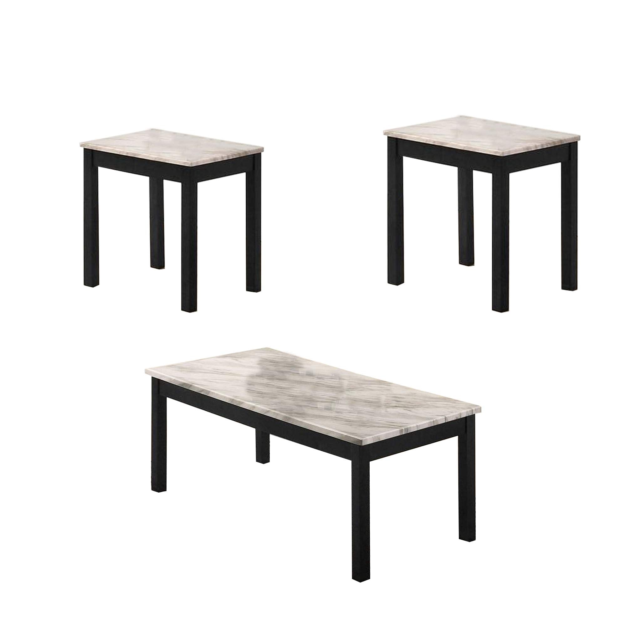 Benjara 3 Piece Coffee End Table with Faux Marble Top, Black and White