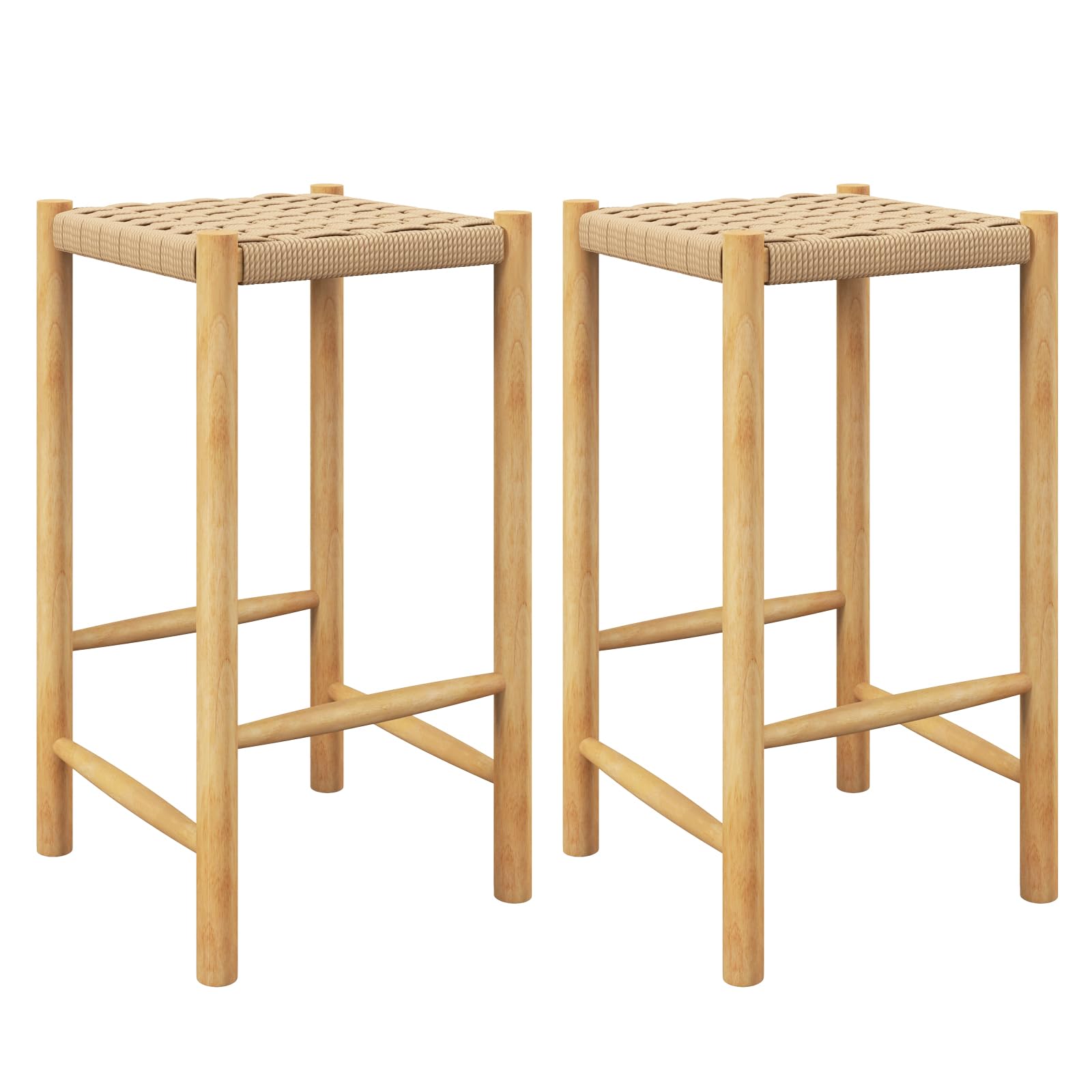 Giantex 26 Counter Height Wood Bar Stools Set of 2, Boho Rattan Barstools, Max Load 330 Lbs, Armless Saddle Kitchen Stools, Back