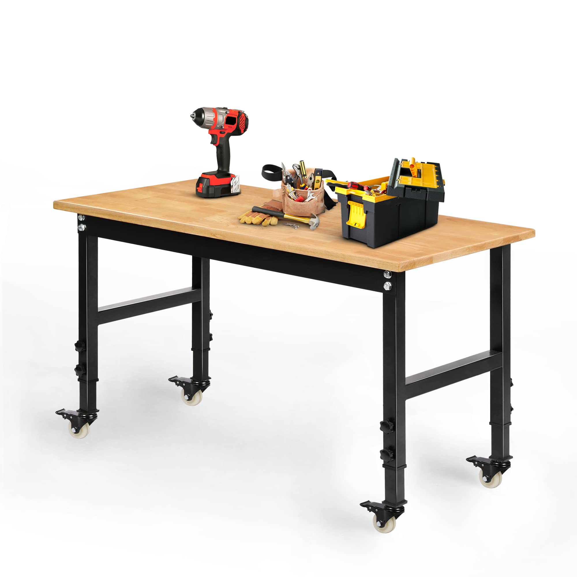Betterhood 48 Heavy-Duty Adjustable Workbench for Garage, Rubber Wood Shop Table W/Metal Wheels, Hardwood Workstation Weight Cap