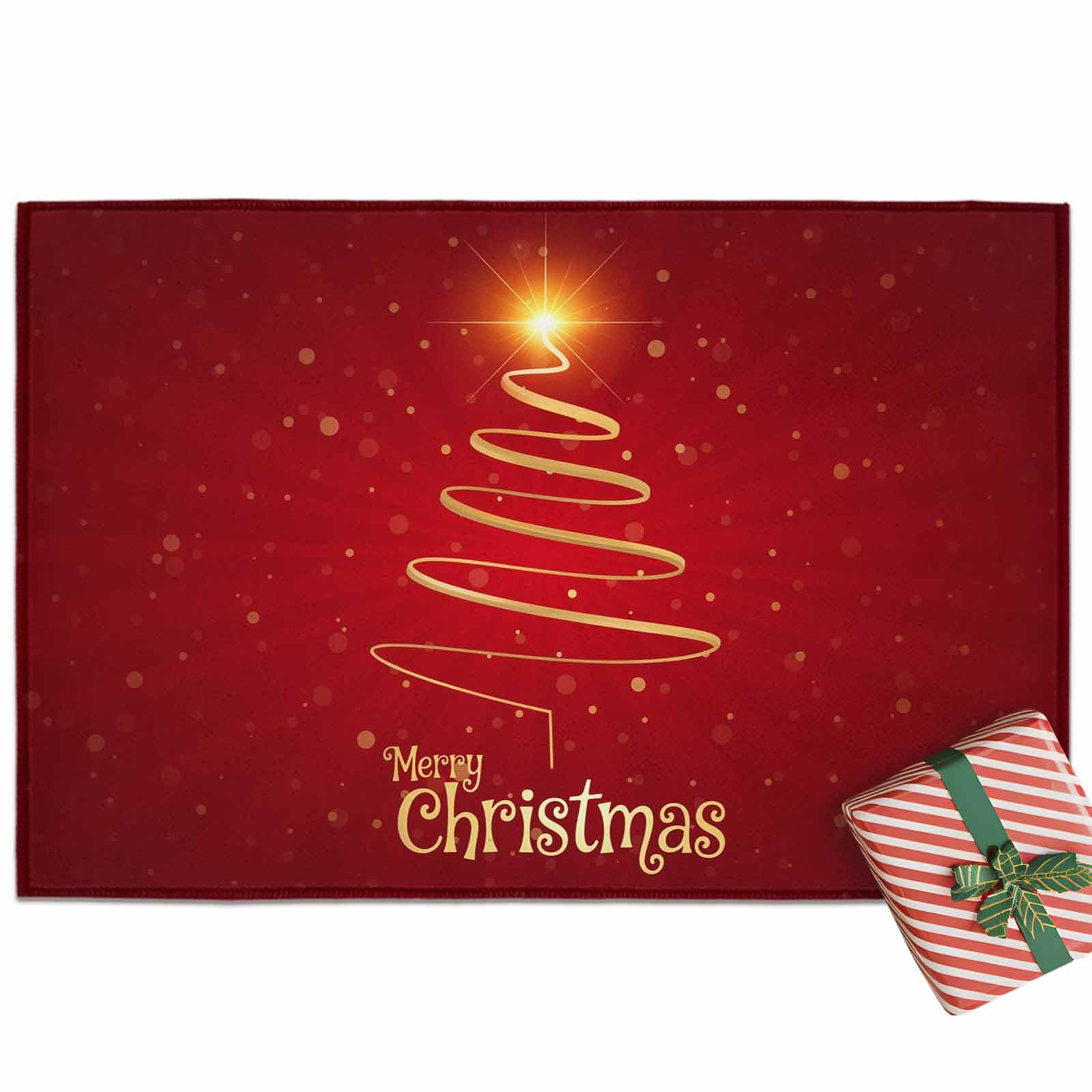 Christmas Entrance Floor Mat Gold Xmas Tree Welcome Doormat Christmas Tree Red Non Slip Entry Rugs for Bathroom Kitchen Home Fro