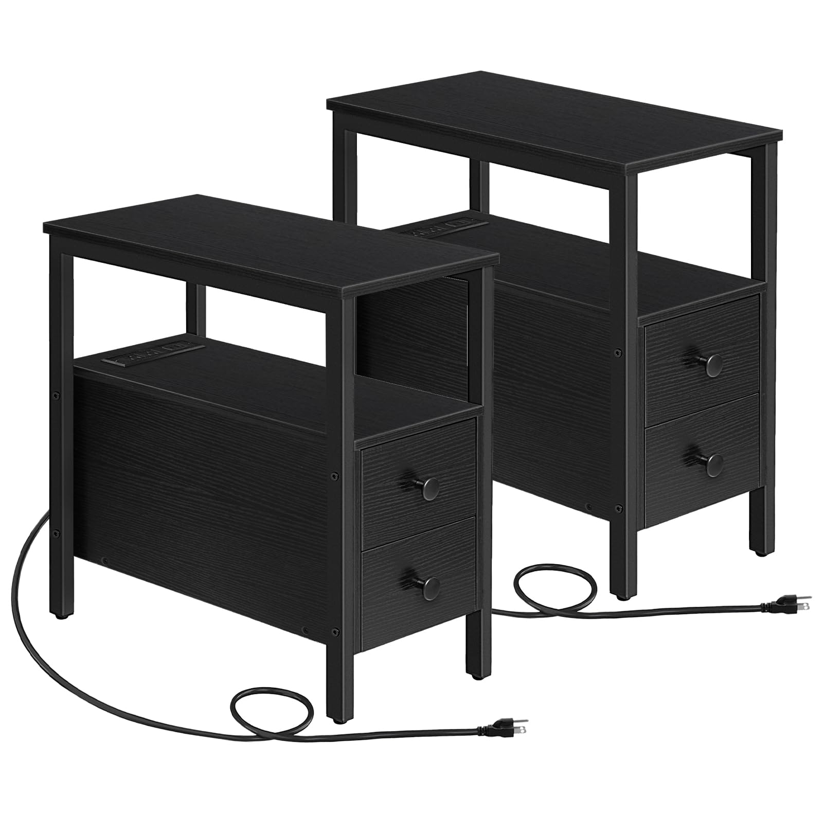 HOOBRO Set of 2 End Tables with Charging Station, Narrow Side Table with Drawers & USB Port & Power Outlets, Nightstand for Smal