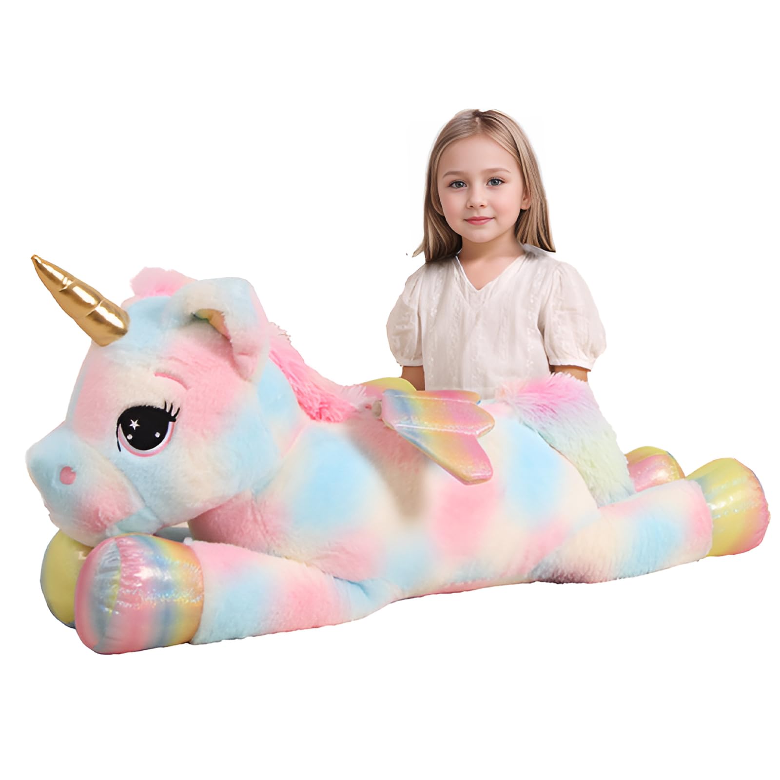 FFxiong 44 Inch Giant Color Unicorn Stuffed Animal Pillow, Cute Soft Big Unicorn with Rainbow Wings Large Plush Toy, Gifts for G