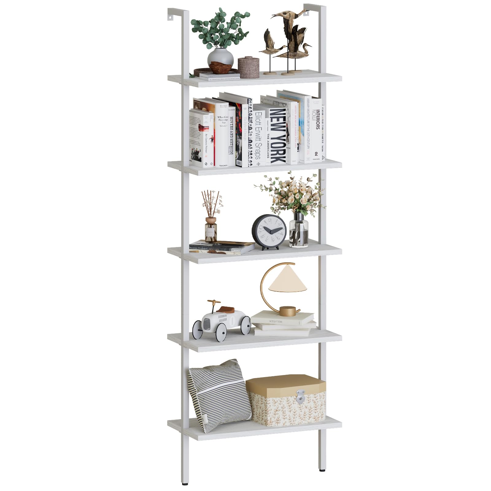 aboxoo Ladder Shelf White Wooden Bookshelf 5-Tier Wall-Mounted Open Wood Rack Industrial Modern Plant Flower Stand Utility Organ