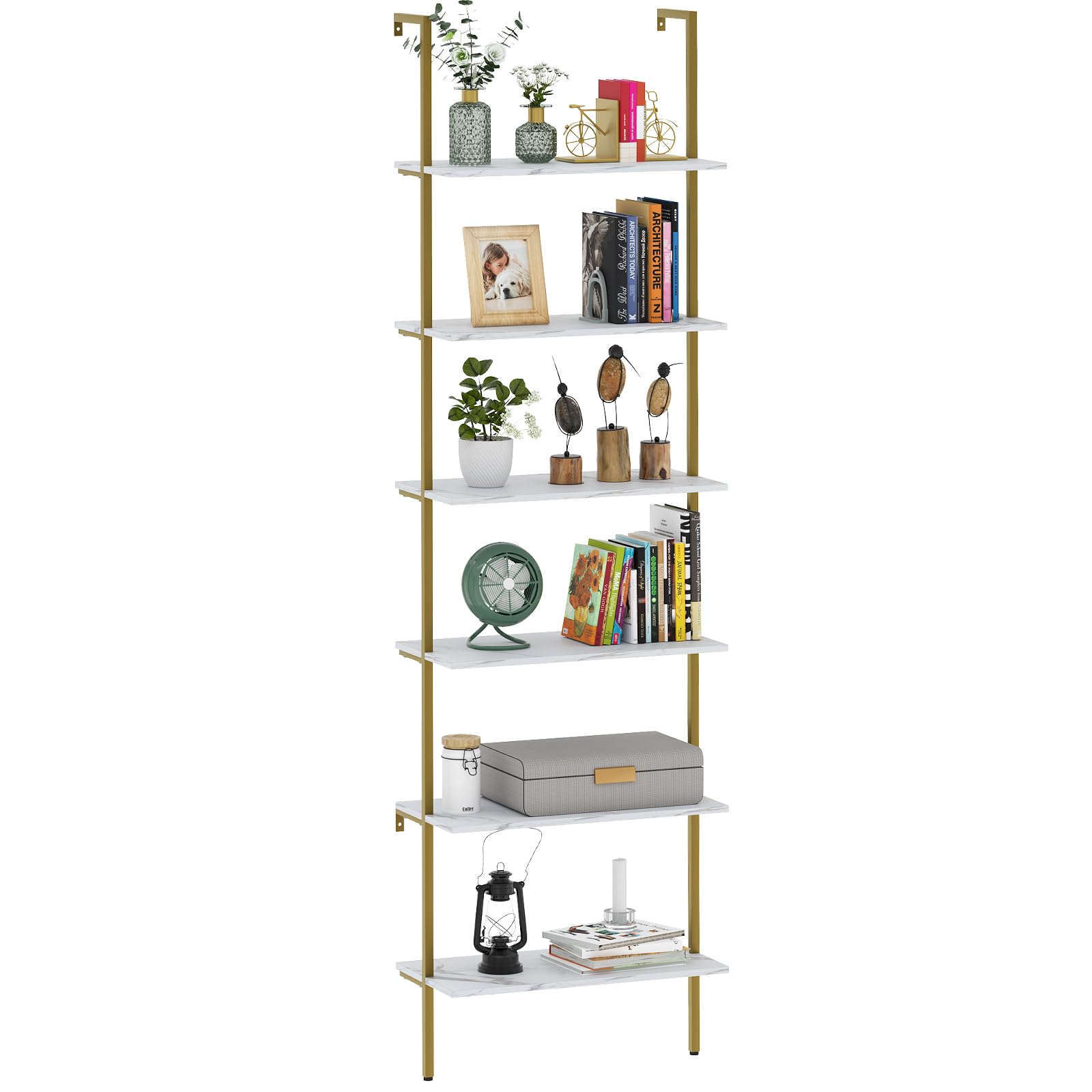 Wolawu Ladder Shelf 6 Tiers Marble White Modern Bookshelf Open Tall Wall Mount Bookcase Standing Leaning Wall Shelves Industrial