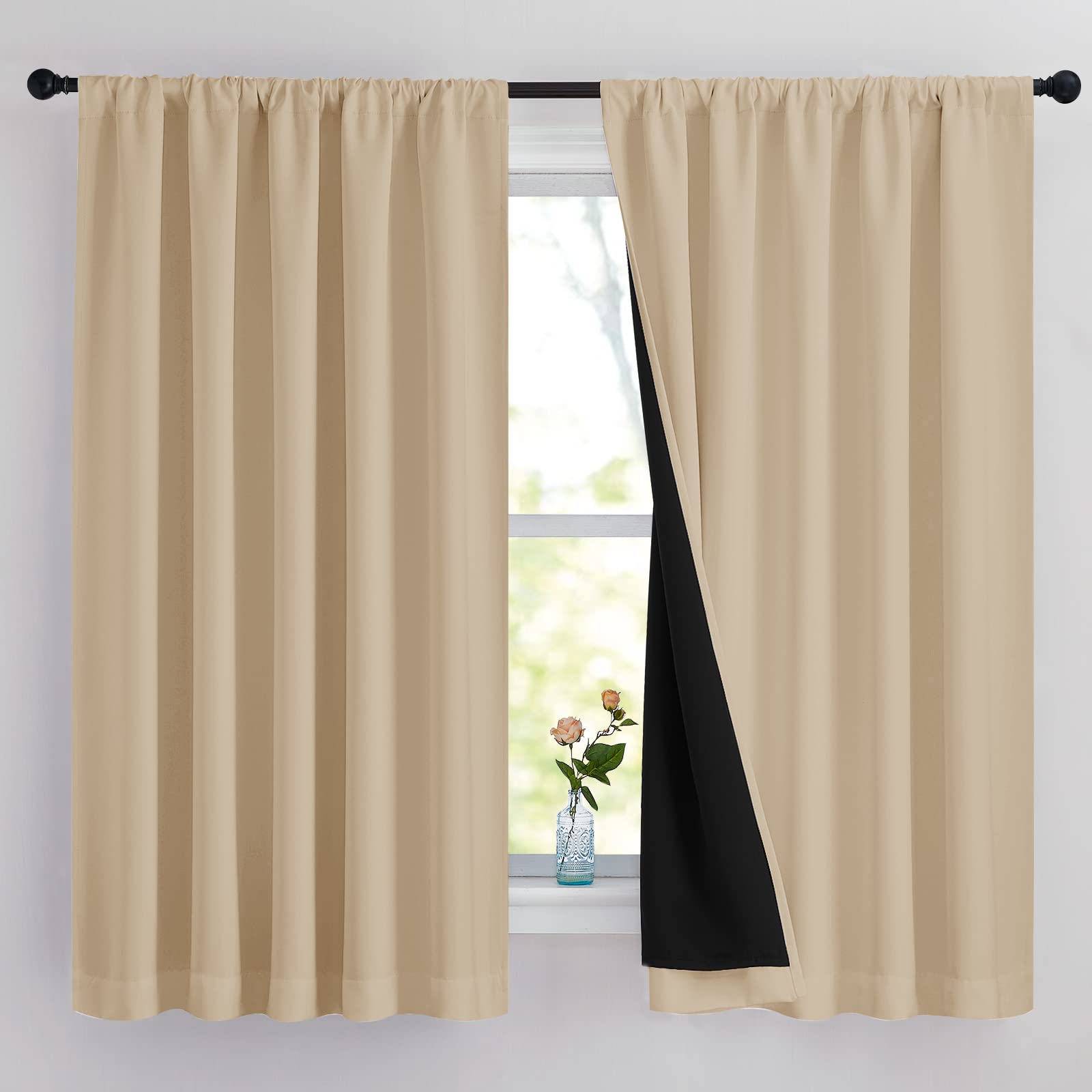 NICETOWN Bedroom Full Blackout Curtain Panels, Super Thick Insulated Window Covers, Rod Pocket Draperies with Black Liner for Sh