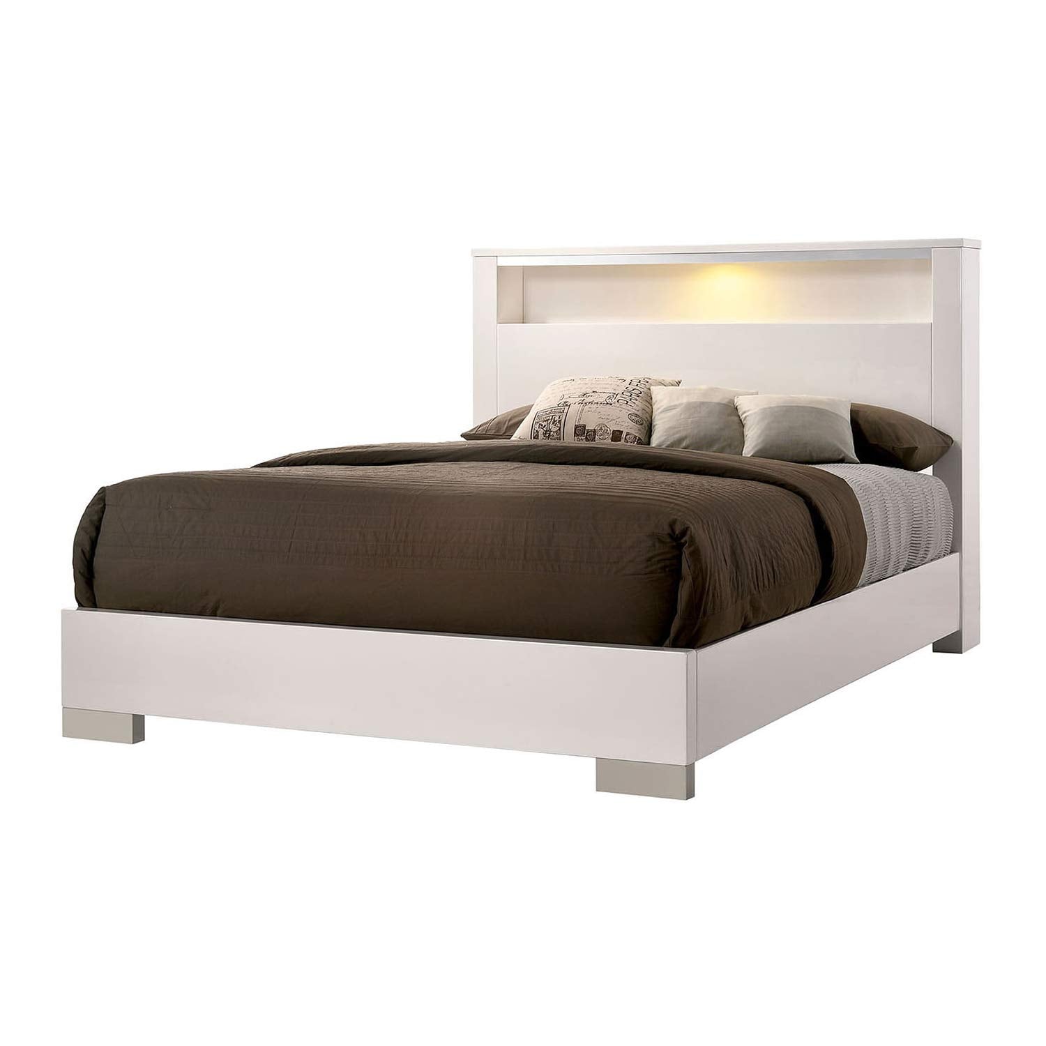 Benjara Modern Eastern King Size Bed with Shelved Headboard and LED Light, White