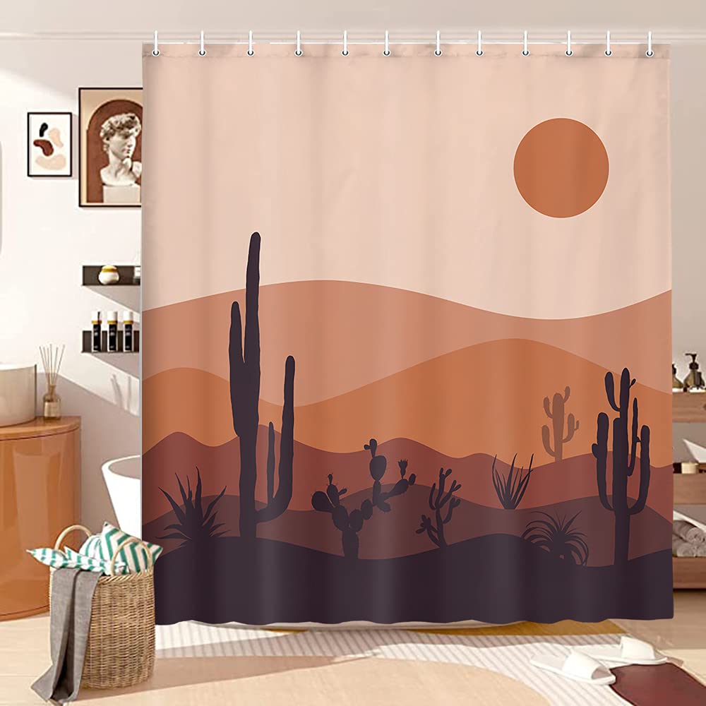 Mid Century Modern Boho Mountain Cactus Abstract Curtain Set, Desert Landscape Art Minimalist Sunset Sunrise Bohemian Aesthetic 
