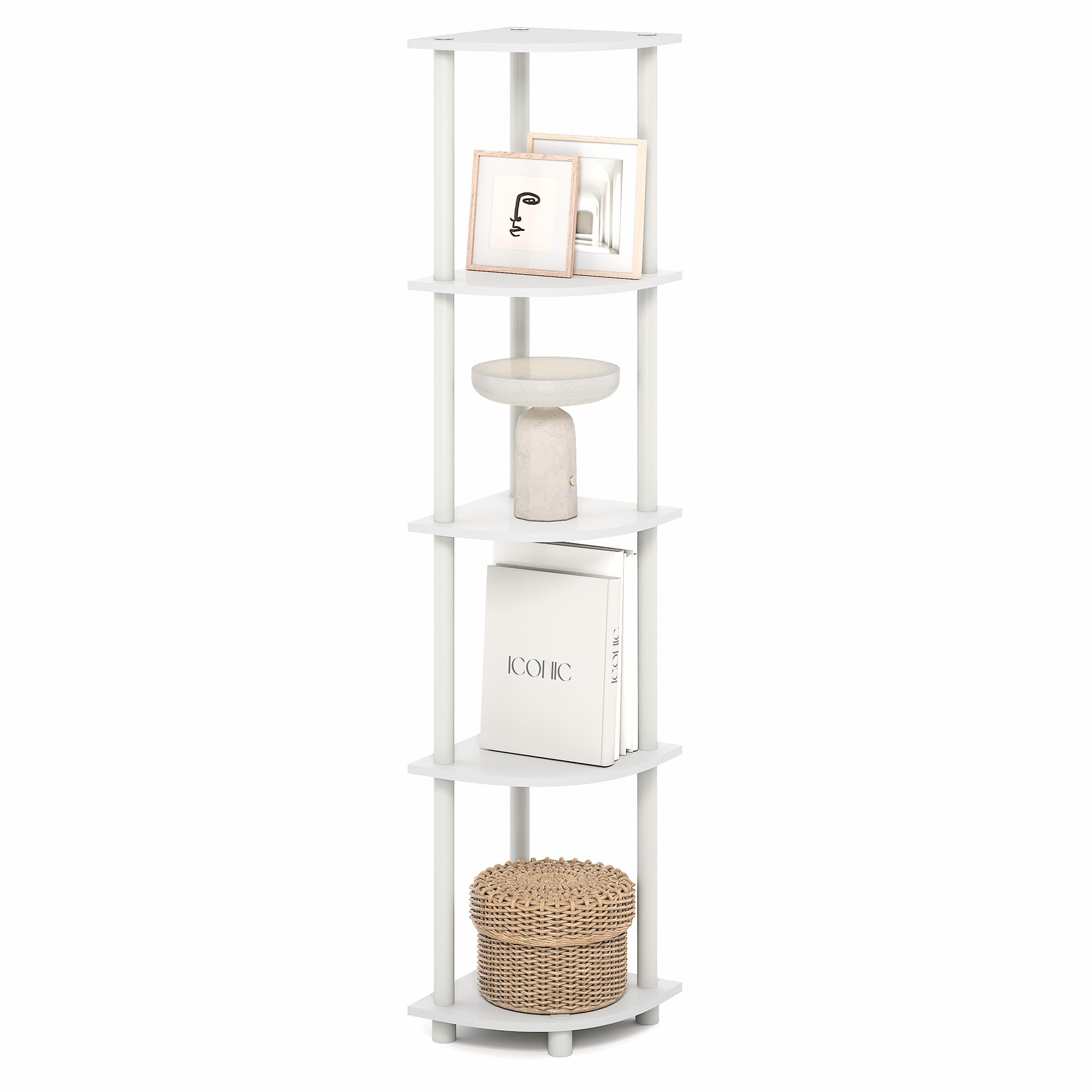 Furinno Turn-N-Tube Corner Shelf, 5-Tier Corner Bookshelf, Open Storage Shelves, for Organization and Storage, Living Room, Home