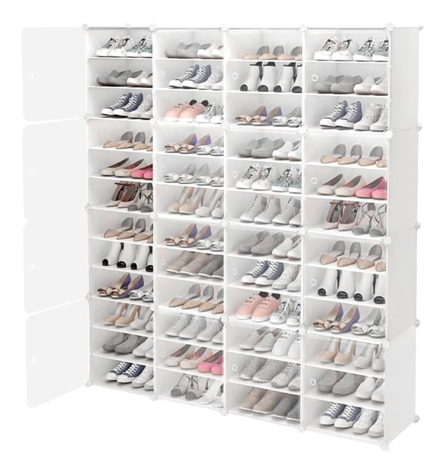 XUANIIIL Portable Shoe Rack Organizer with Door, 96 Pairs Shoe Storage Cabinet, Plastic Adjustable Box Shelves Stackable Detacha