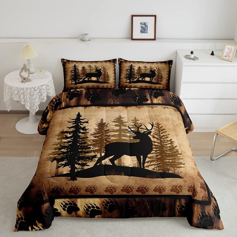 Feelyou Cute Deer Comforter Set for Girls Boys Kids Deer Hunting Bedding Set Room Decor Rustic Bear Paw Print Bedding Set Canbin
