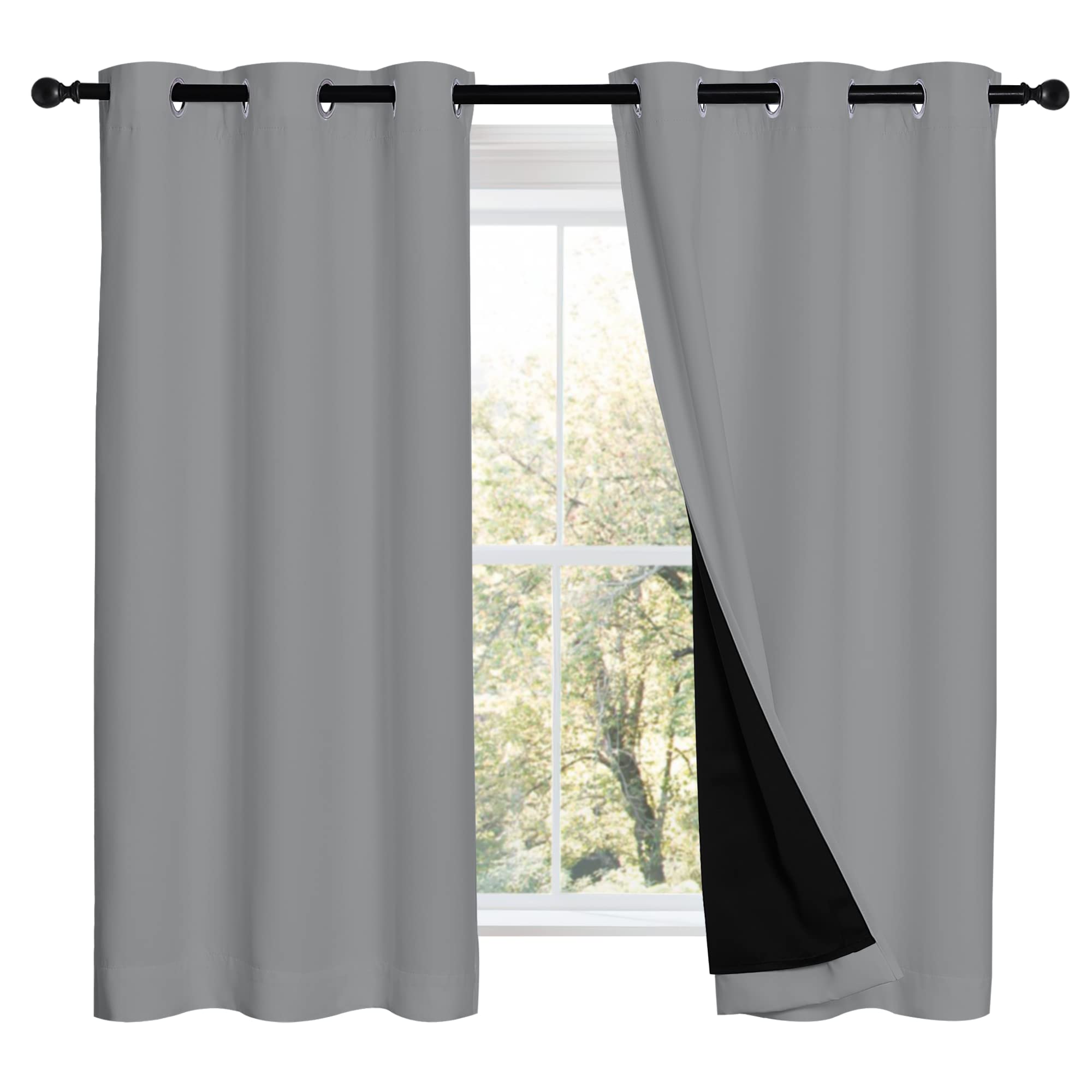 NICETOWN Silver Grey 100% Blackout Curtains 54 inches Long, Thermal Insulated Full Blackout 2-Layer Lined Drapes, Noise Cancella