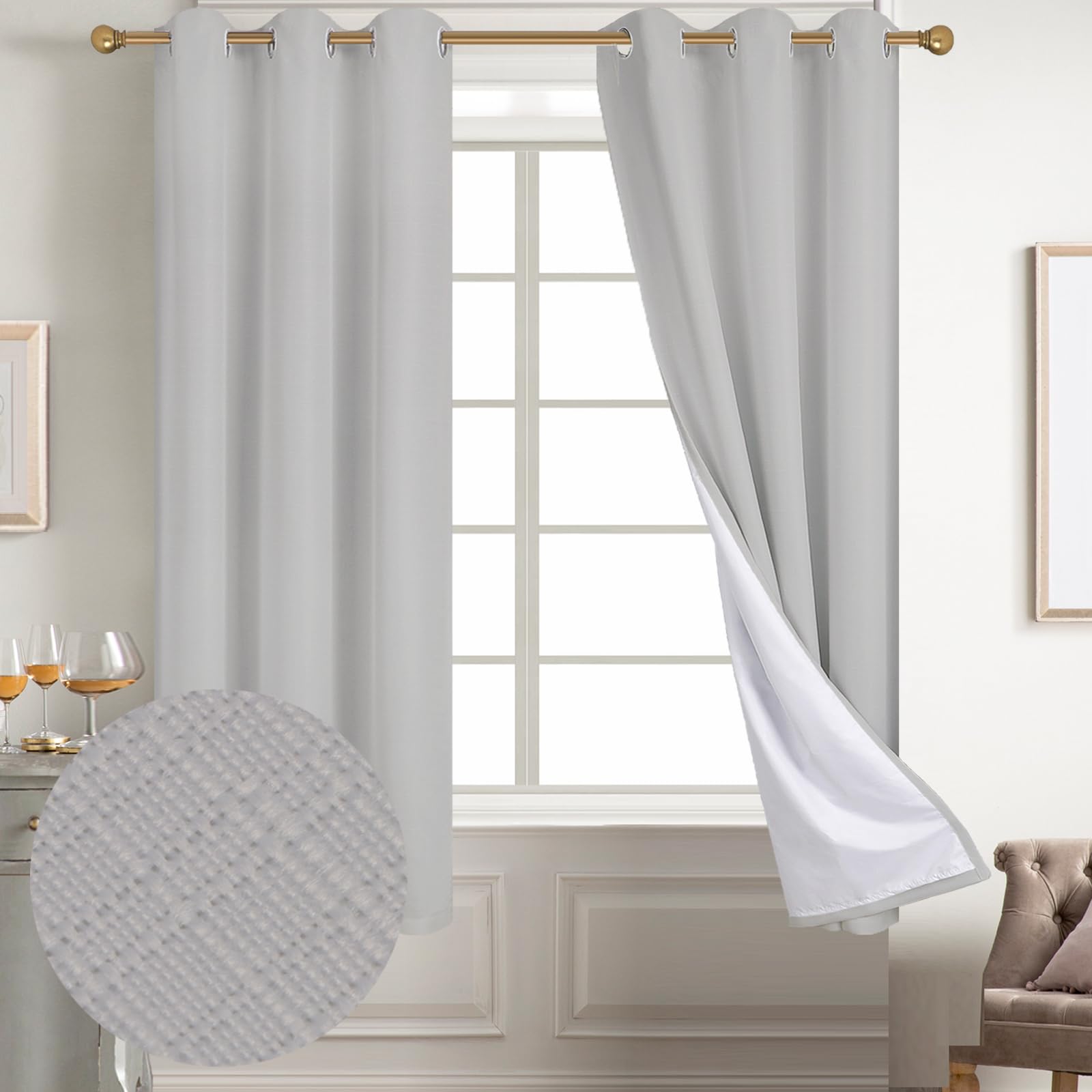 Diraysid 100% Blackout Curtains Light Grey Linen Curtains for Bedroom Grommet Thermal Insulated Room Darkening Drapes (2 Panels,