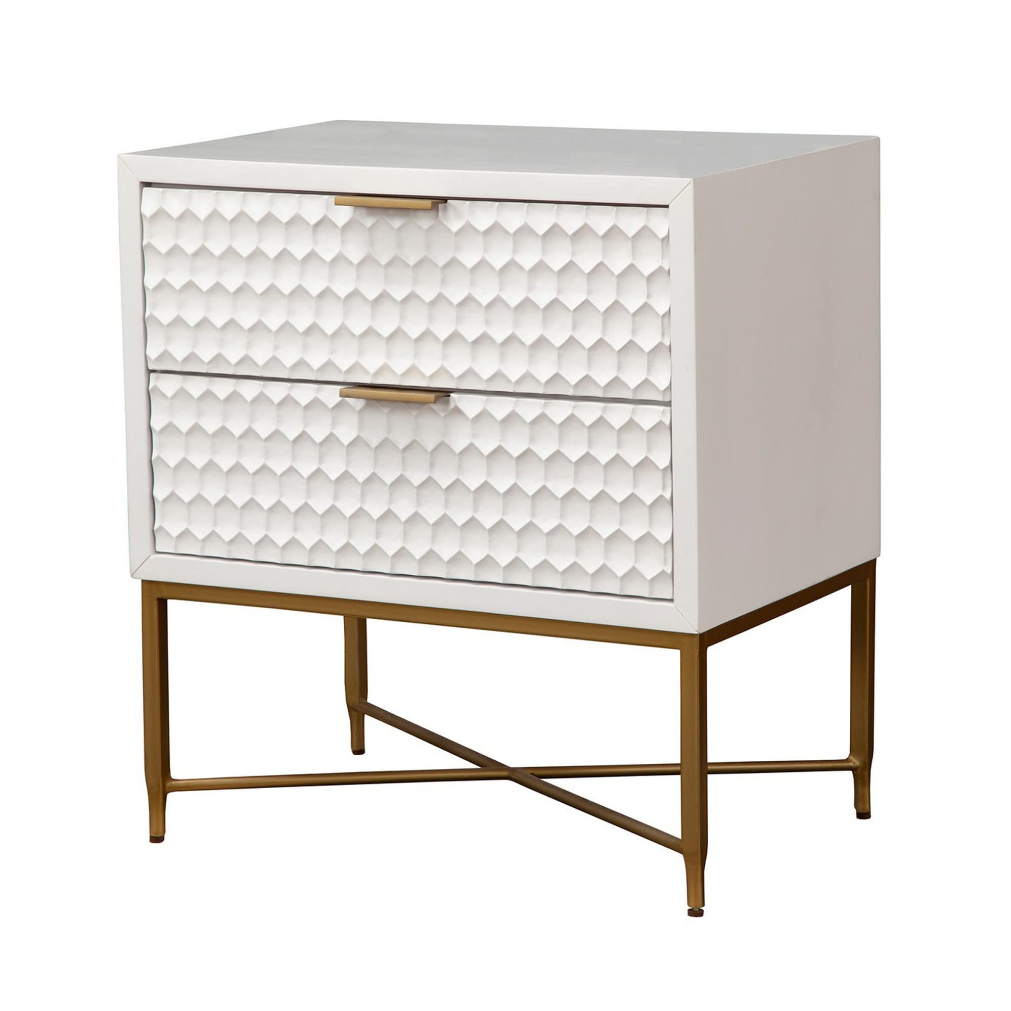 Benjara Rexi 26 Inch 2 Drawer Nightstand, Honeycomb, Mahogany Wood, White and Gold