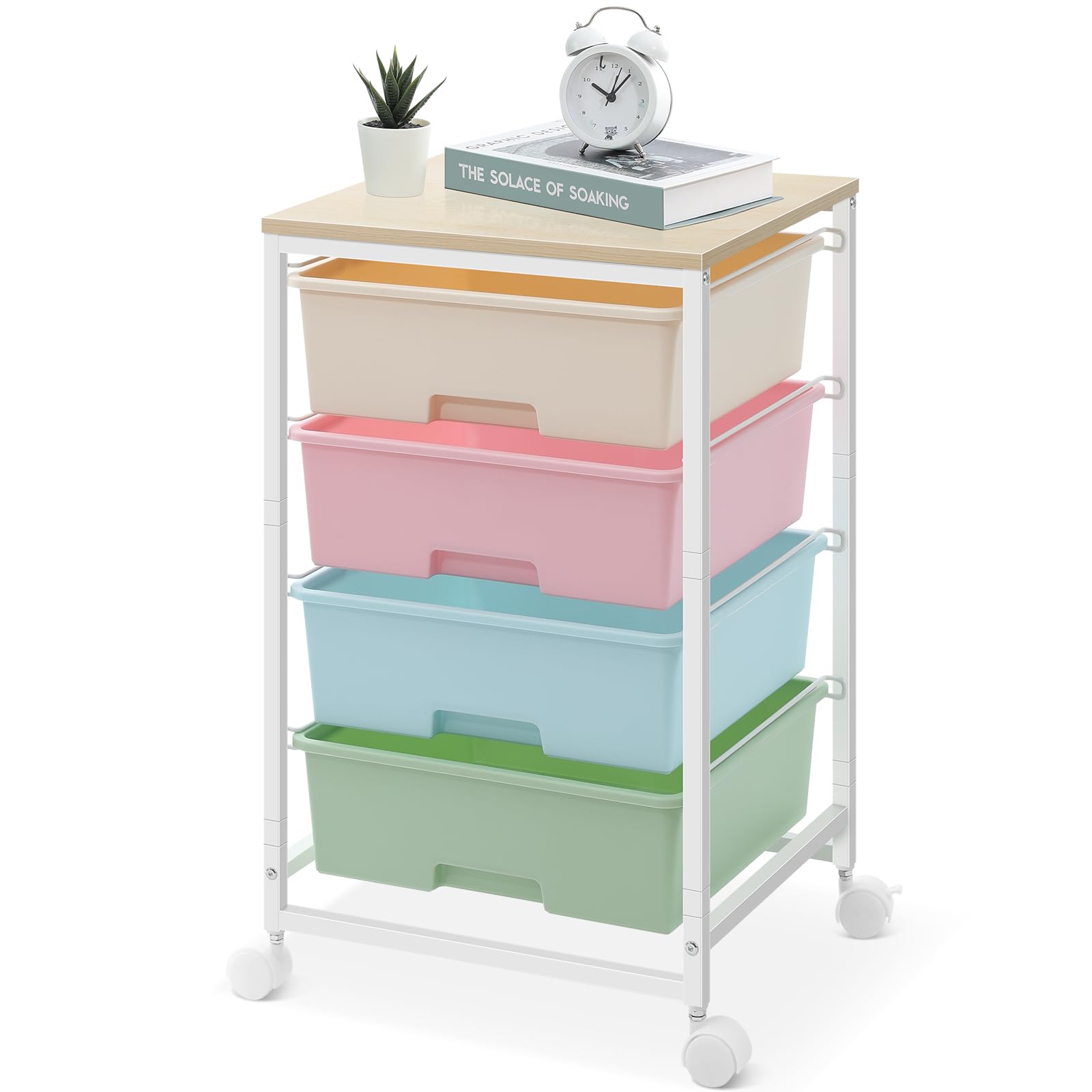 SYKIARIOL Utility Cart with 4 Drawers,Rolling Storage Cart with Drawers,Storage Rolling Drawer Cart with Wooden Tabletop for Bed