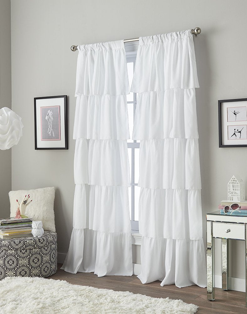 Curtainworks Flounced Ruffle Rod Pocket Curtain Panel, 42in x 95in, White, 1 Panel