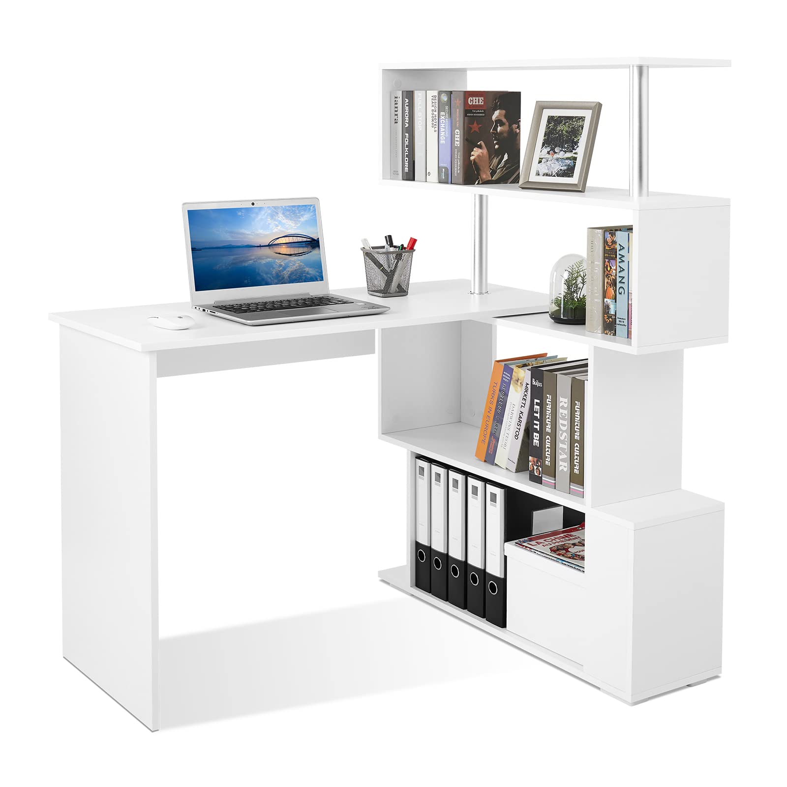 Mondeer 41.7 L Shaped Desk with 4-Tier Storage Shelves, Computer Corner Desk for Study Home Office Living Room (White)