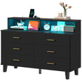 knoworld Black Dresser with LED Lights, 6 Drawer Dresser with Power Outlet for Bedroom, Large Wooden Chest of Drawers, Organizer