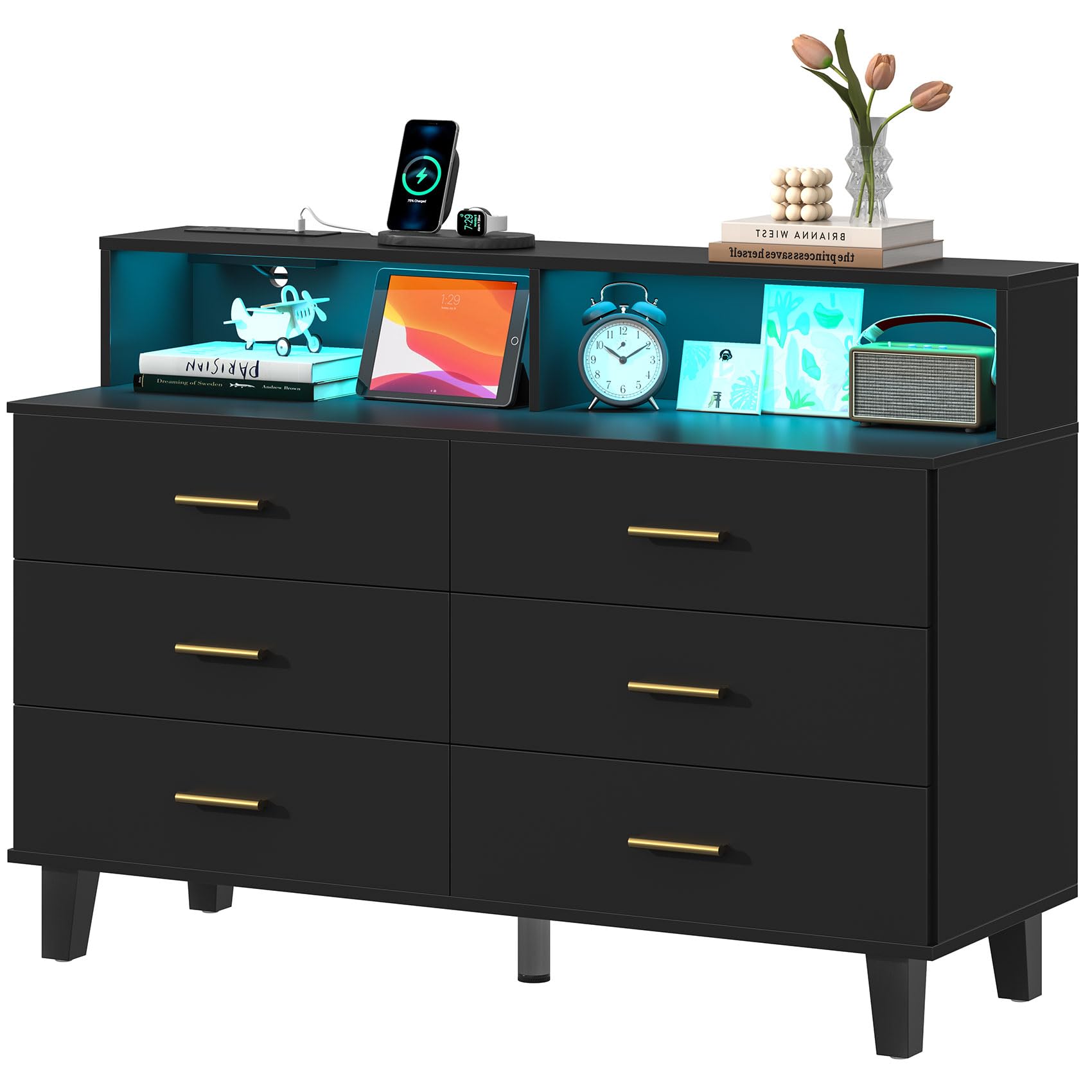 knoworld Black Dresser with LED Lights, 6 Drawer Dresser with Power Outlet for Bedroom, Large Wooden Chest of Drawers, Organizer