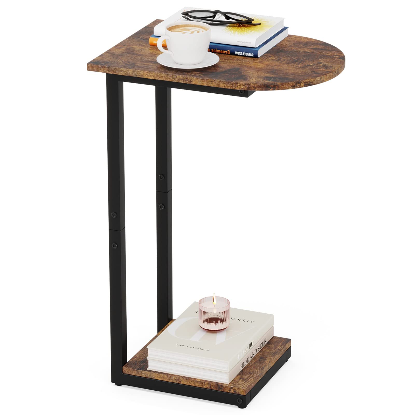 Hosfais Side Table Small End Table: C-Shaped Wood Sofa Table with Metal Frame for Living Room, Bedroom, Small Spaces (Rustic Bro