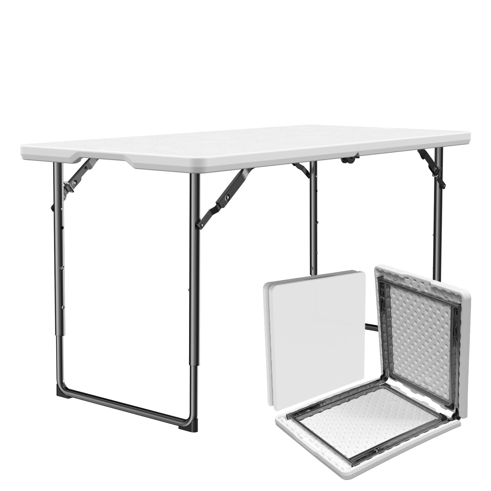 MAKE CHANGES Folding Table 4ft - Heavy Duty Fold-in-Half Plastic Table with Adjustable Height, Portable Utility Tables with Stee