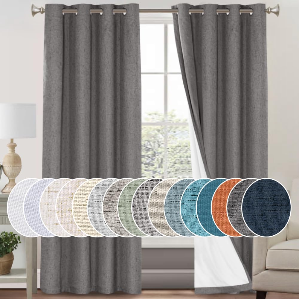 PrinceDeco 100% Blackout Linen Curtains 84 inch Long Thermal Insulated Curtains for Winter Grommet Noise Reducing Window Treatme
