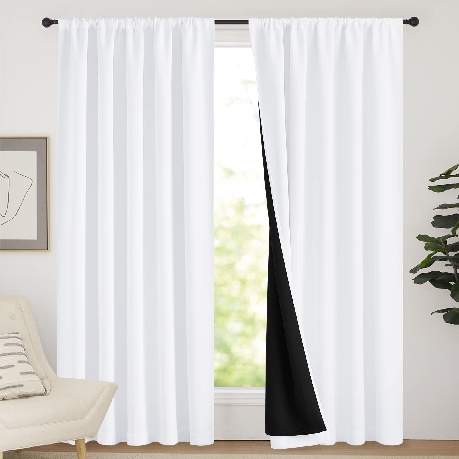 NICETOWN 100% Blackout Curtain Panels, Rod Pocket Window Curtains with Black Liner for Nursery, 84 inches Drop Cold and Full Lig