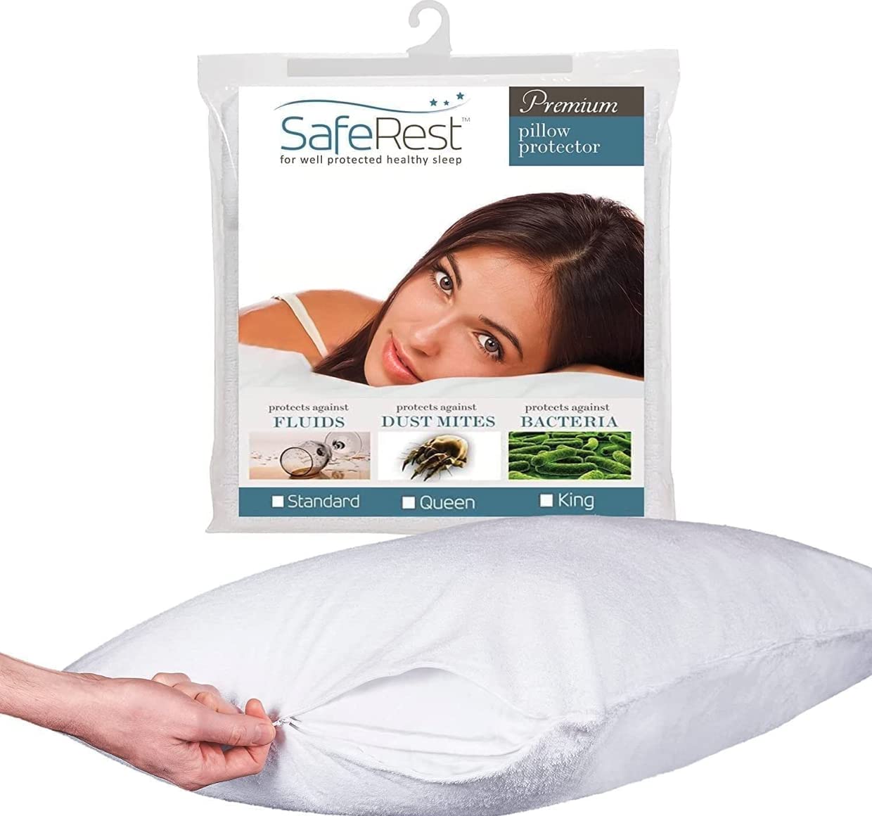 SafeRest Pillow Protector - Pack of 1 - Queen Size Waterproof Pillow Cover - Zippered Pillow Encasement for College Dorm Room, N
