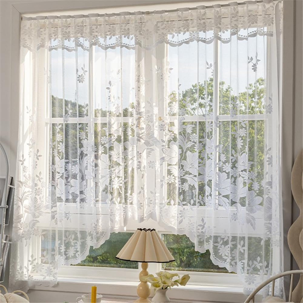 NewWPKIRA White Lace Arched Sheer Curtain Floral Embroidered Swag Curtain Valance Tier for Doorway Kitchen Bathroom Window, Rod 