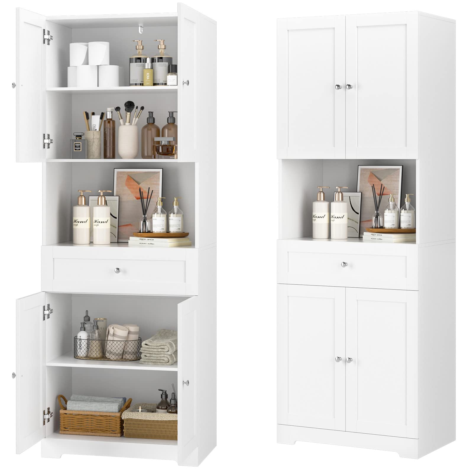 Tall Bathroom Storage Cabinets with Drawer, Modern Linen Cabinet with Doors & Shelves, 67H Tall Storage Cabinet Freestanding for