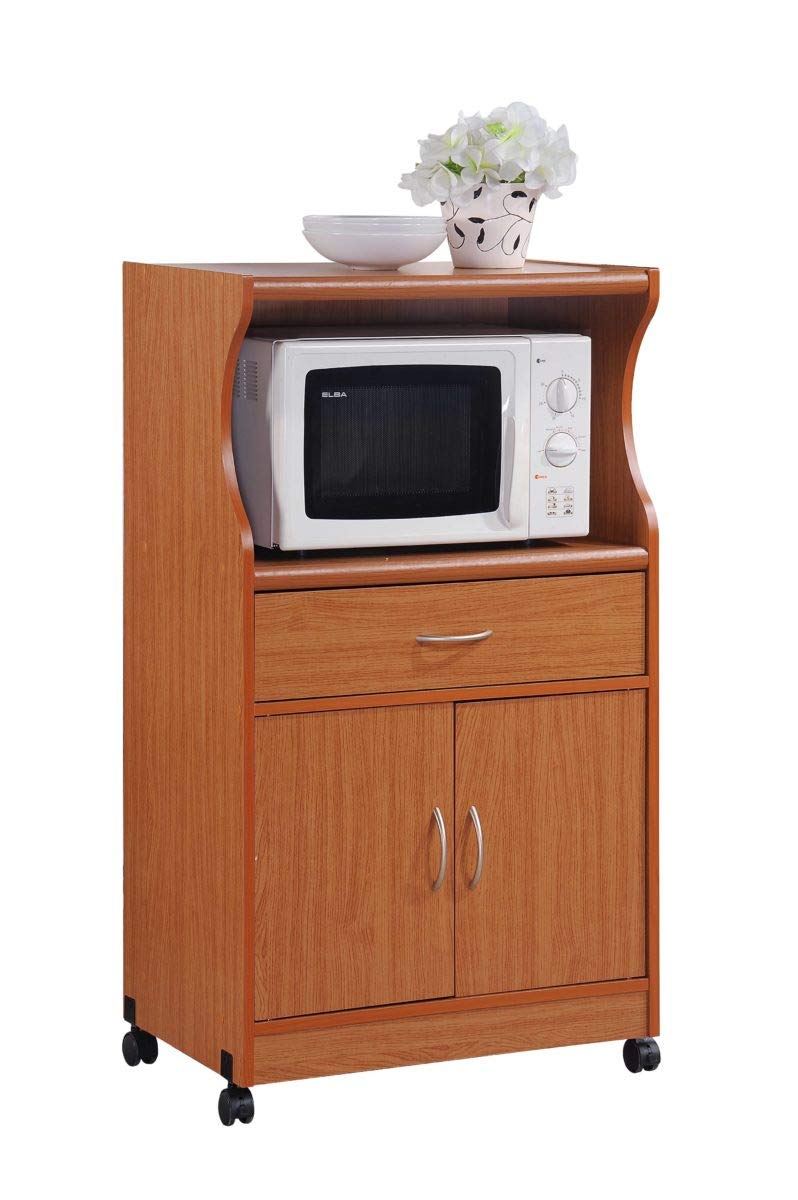 HODEDAH IMPORT Microwave Cart with One Drawer, Two Doors, and Shelf for Storage, Cherry