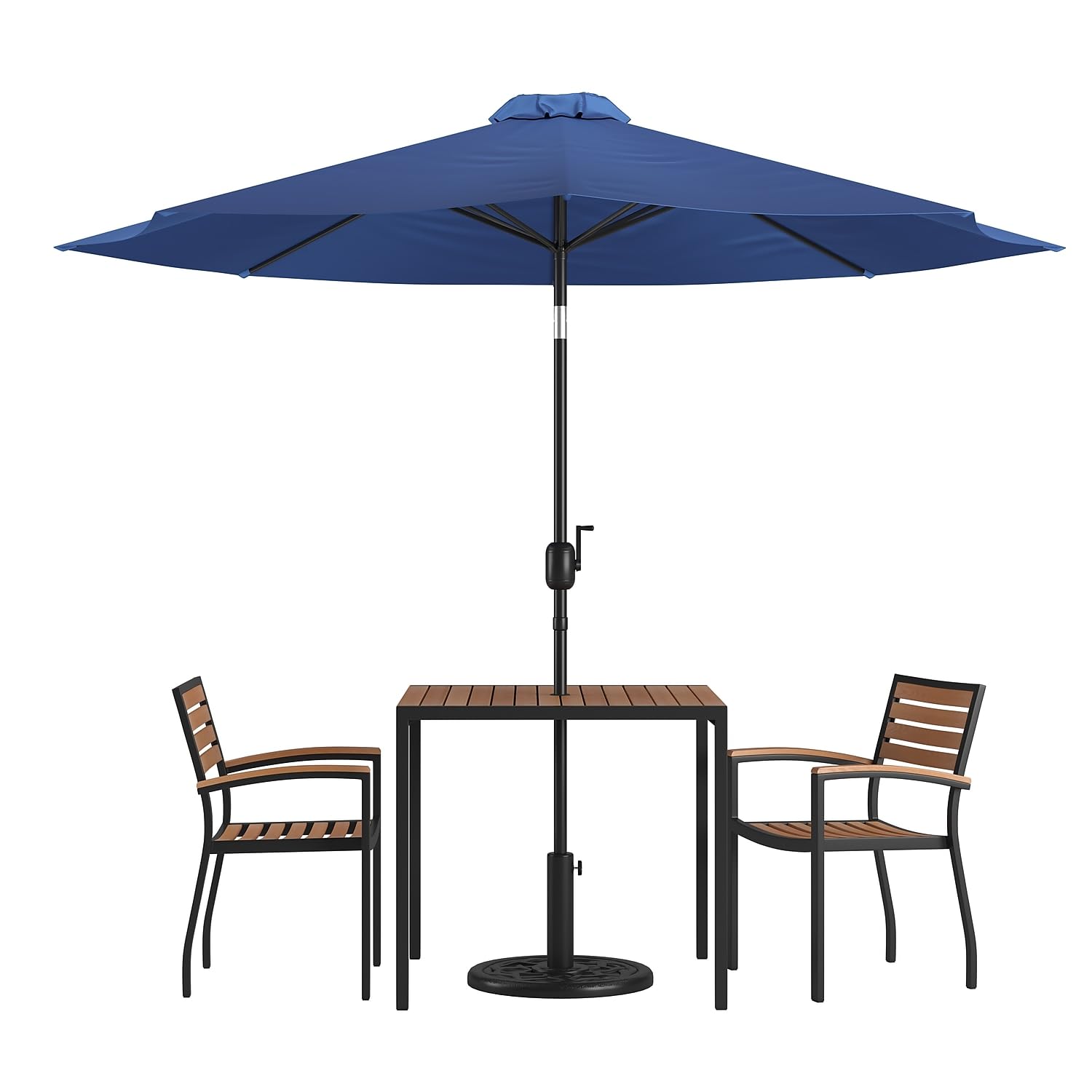 Flash Furniture 5 Piece Outdoor Patio Dining Table Set - 2 Synthetic Teak Stackable Chairs with Arms - 35 Square Table - Navy Um
