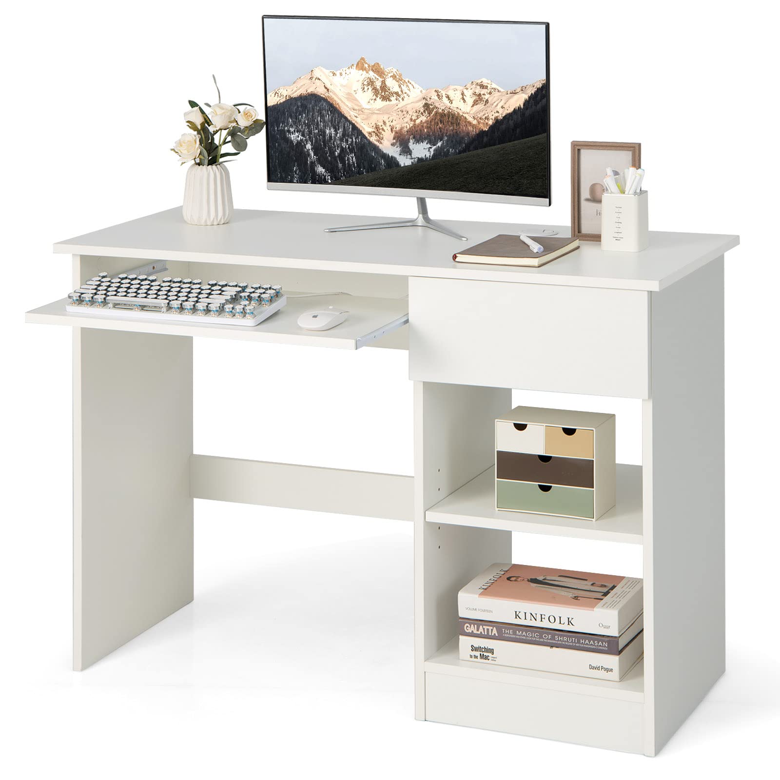 Tangkula White Desk with Drawer, Wooden Computer Desk with Pull-Out Keyboard Tray & Adjustable Storage Shelves, Modern Laptop PC