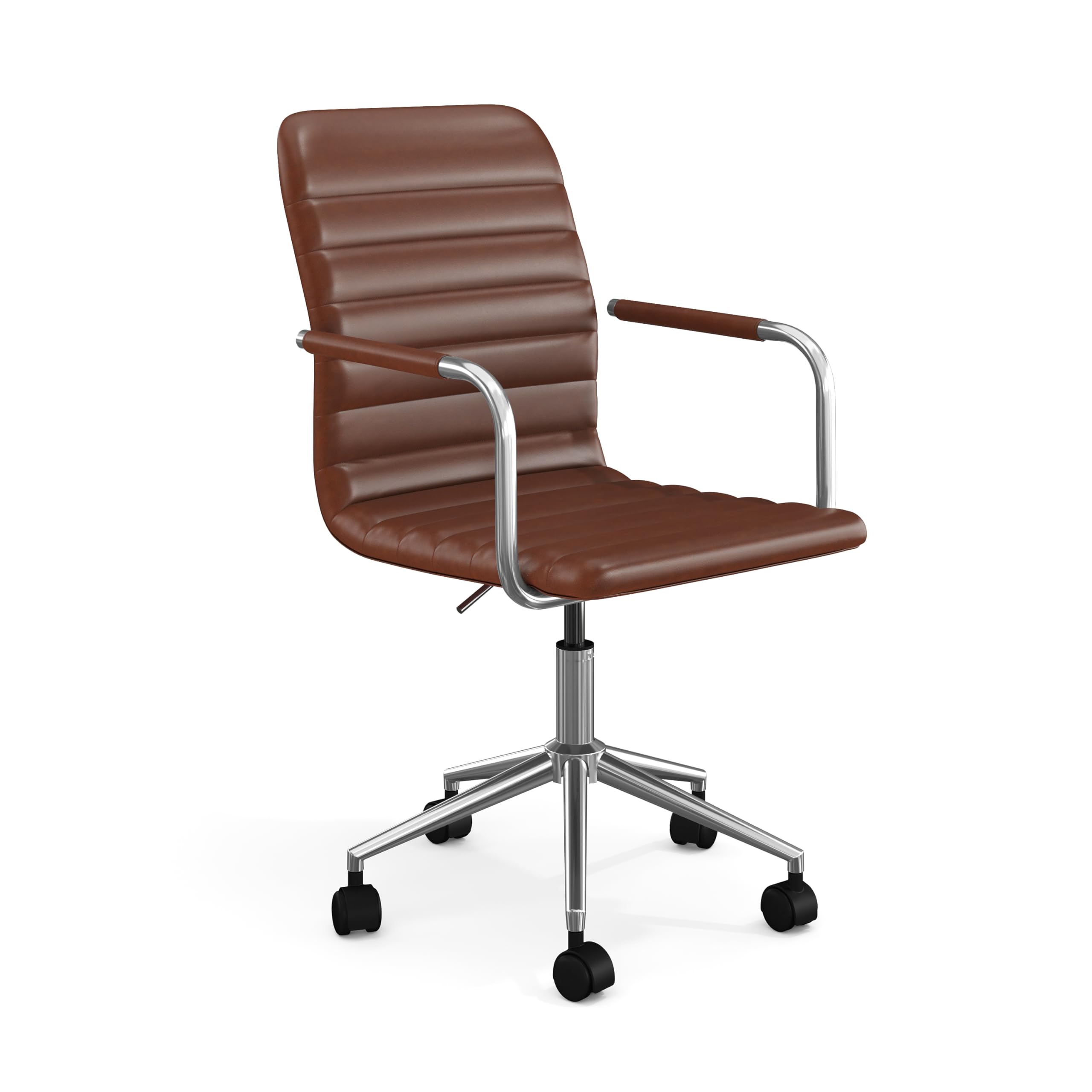 Martha Stewart Taytum Swivel Task Chair with Armrests for Home Office in Saddle Brown Faux Leather with Polished Nickel Frame
