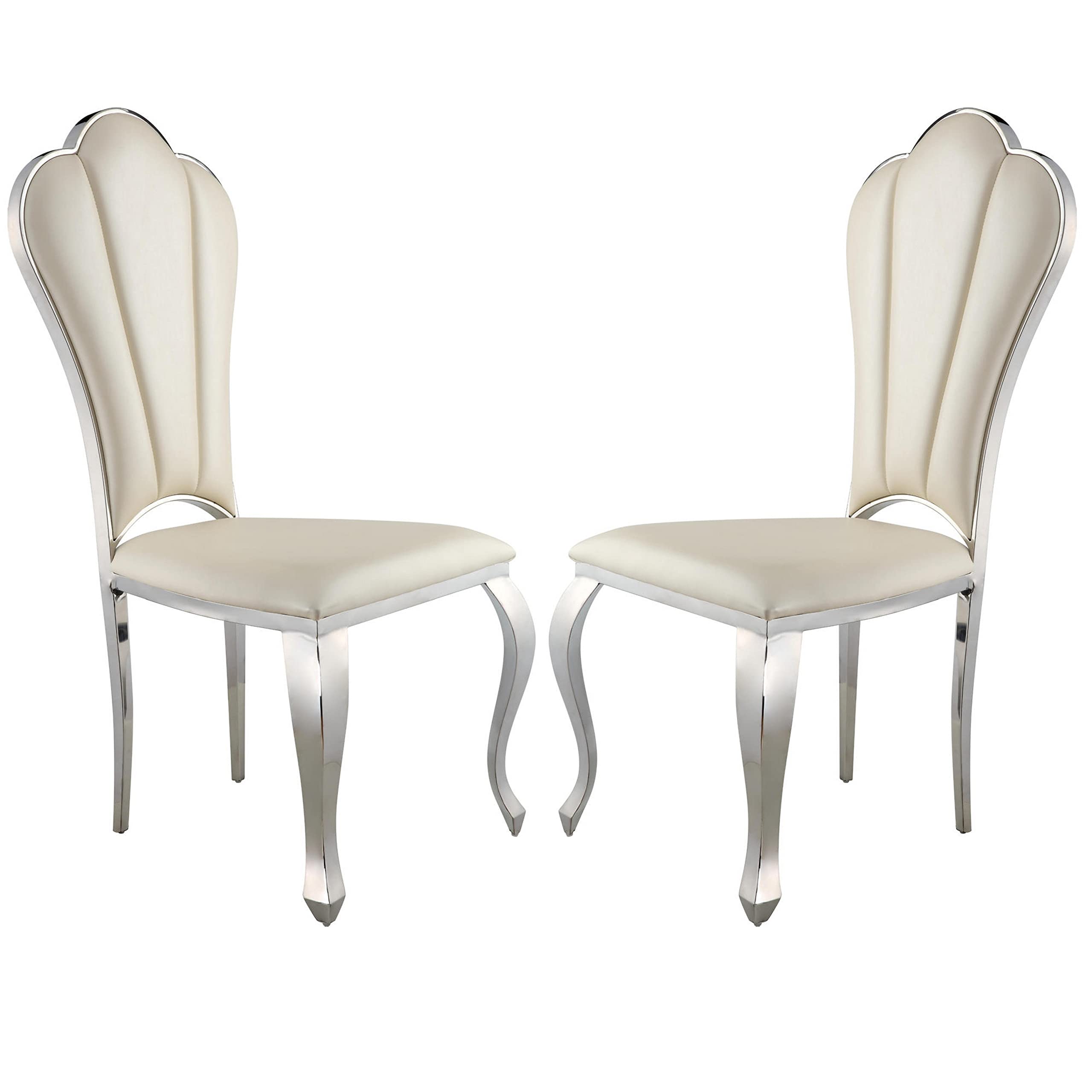 Benjara Kuri 23 Inch Dining Chair, Scalloped Back, Vegan Leather, Set of 2, Chrome and Black