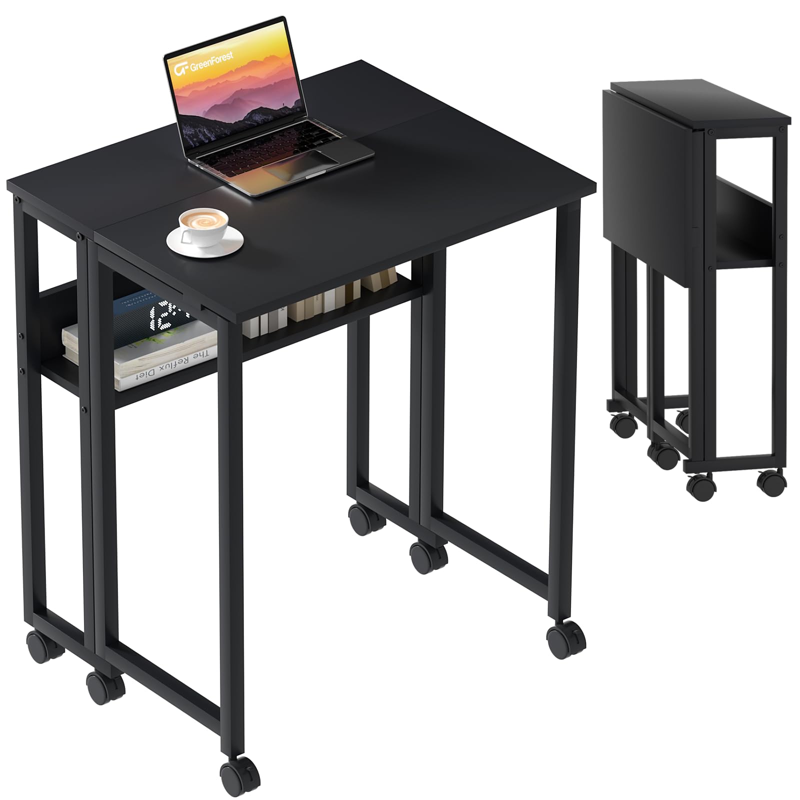 GreenForest Folding Desk Small Foldable Table with Storage Shelf,24.8 inch Rolling Computer Desk with Wheels Space Saving for Be