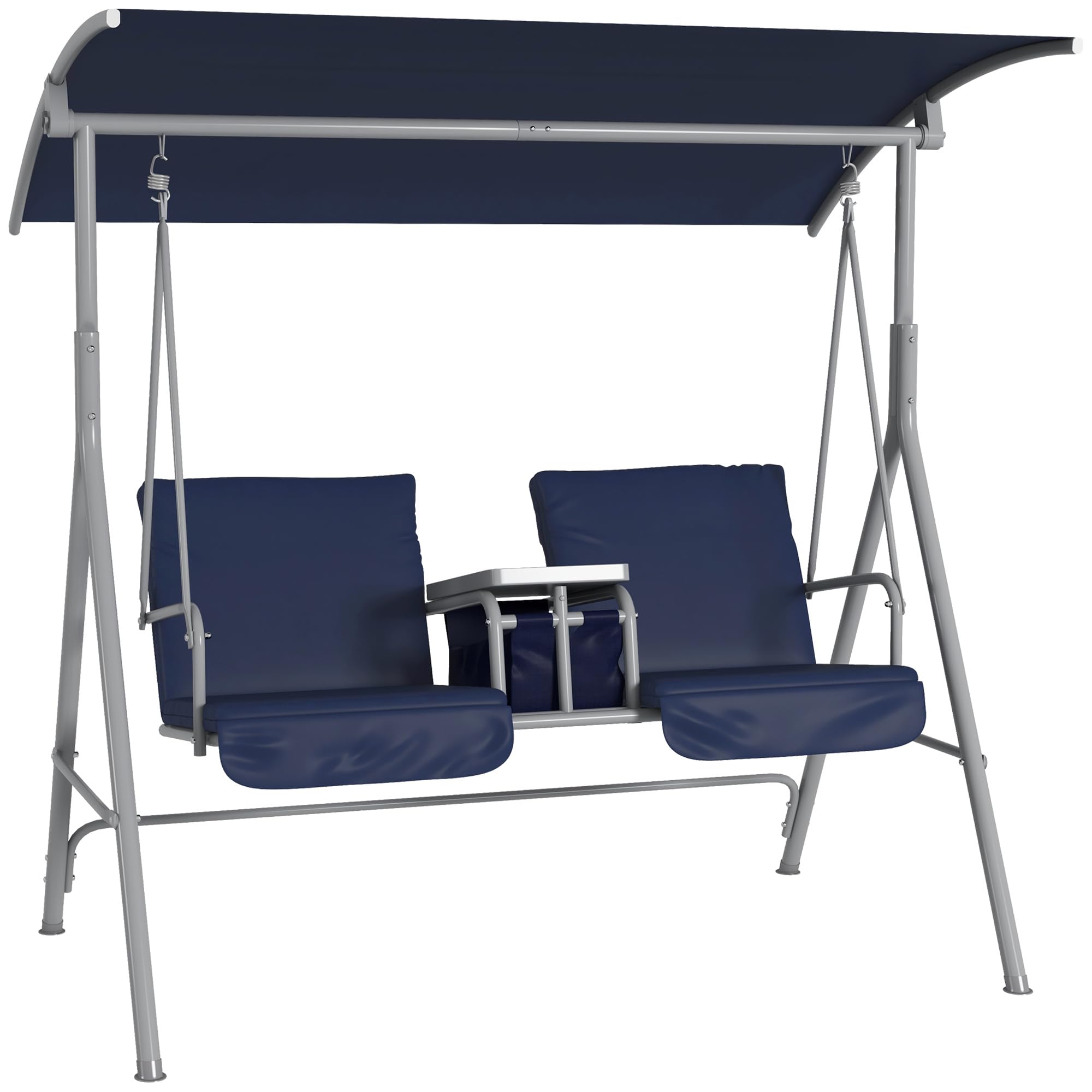 Outsunny 2 Person Porch Swing with Stand, Outdoor Swing with Canopy, Pivot Storage Table, 2 Cup Holders, Cushions for Patio, Bac