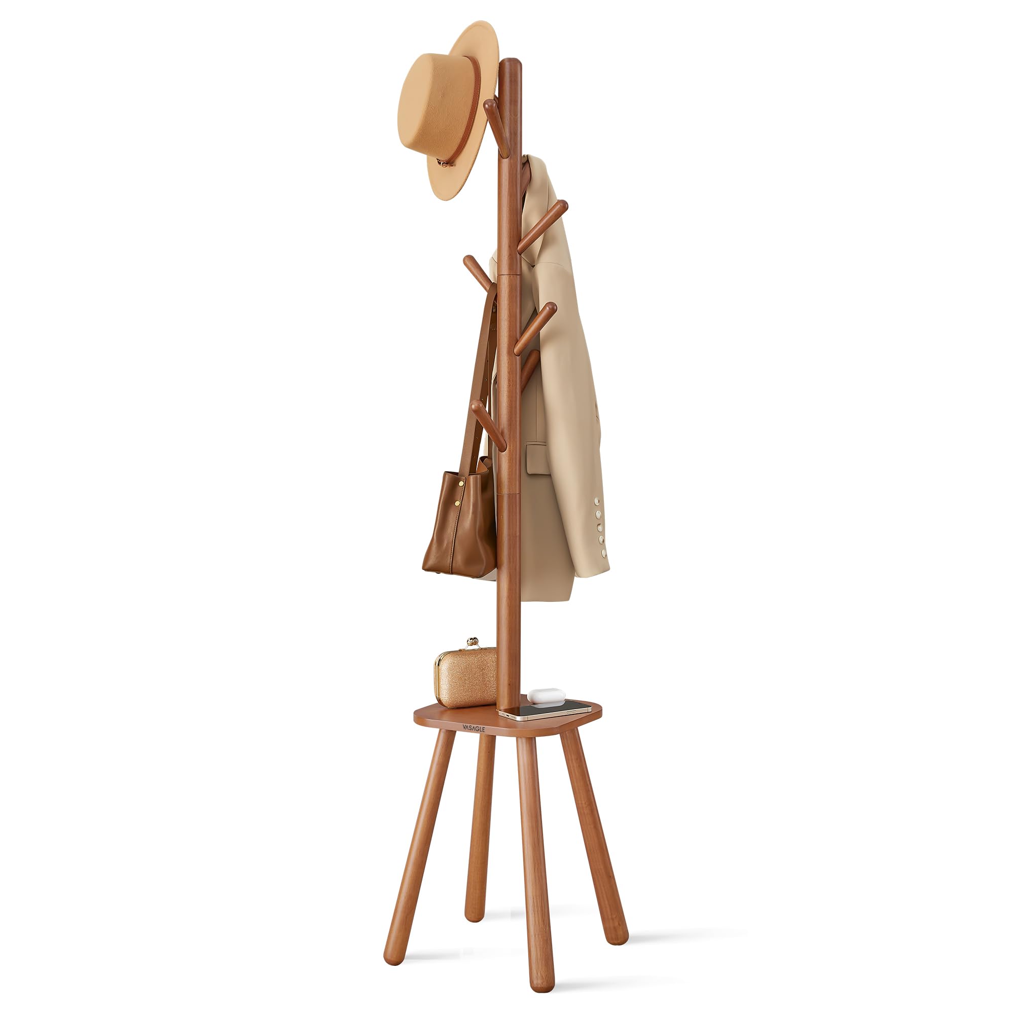 VASAGLE Coat Rack, Free Standing Coat Stand, Hall Coat Tree with 8 Hooks and Storage Shelf, 67.1 Inch Tall, for Coats, Hats, Bag
