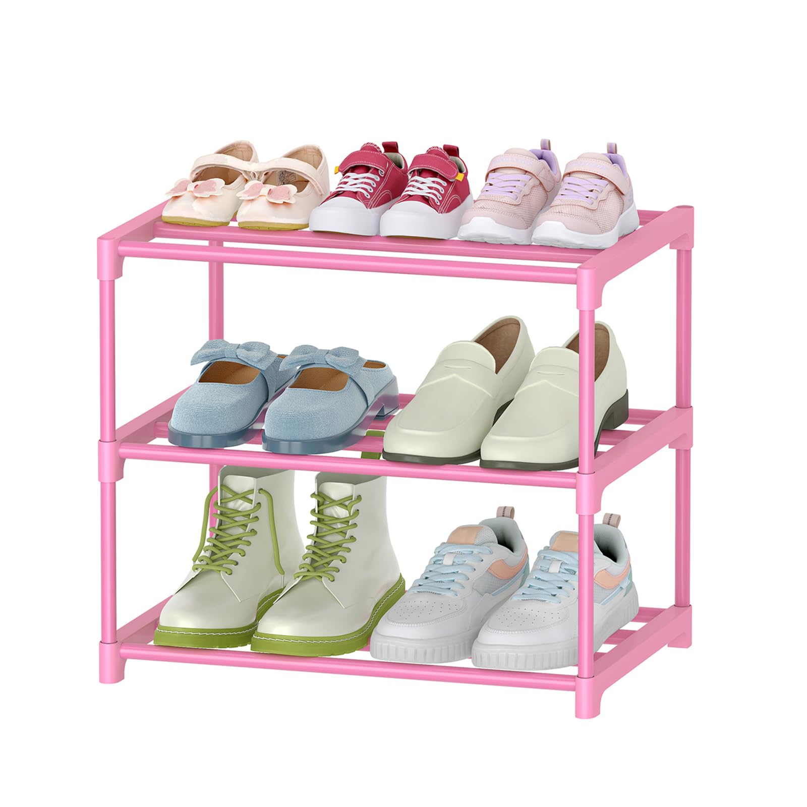 HITHIM 3-Tier Pink Shoe Racks for Women/Girls/Kids  Closet, Small Shoe Storage for 5-7 Pairs, Lightweight Stackable Shoe Shelf 
